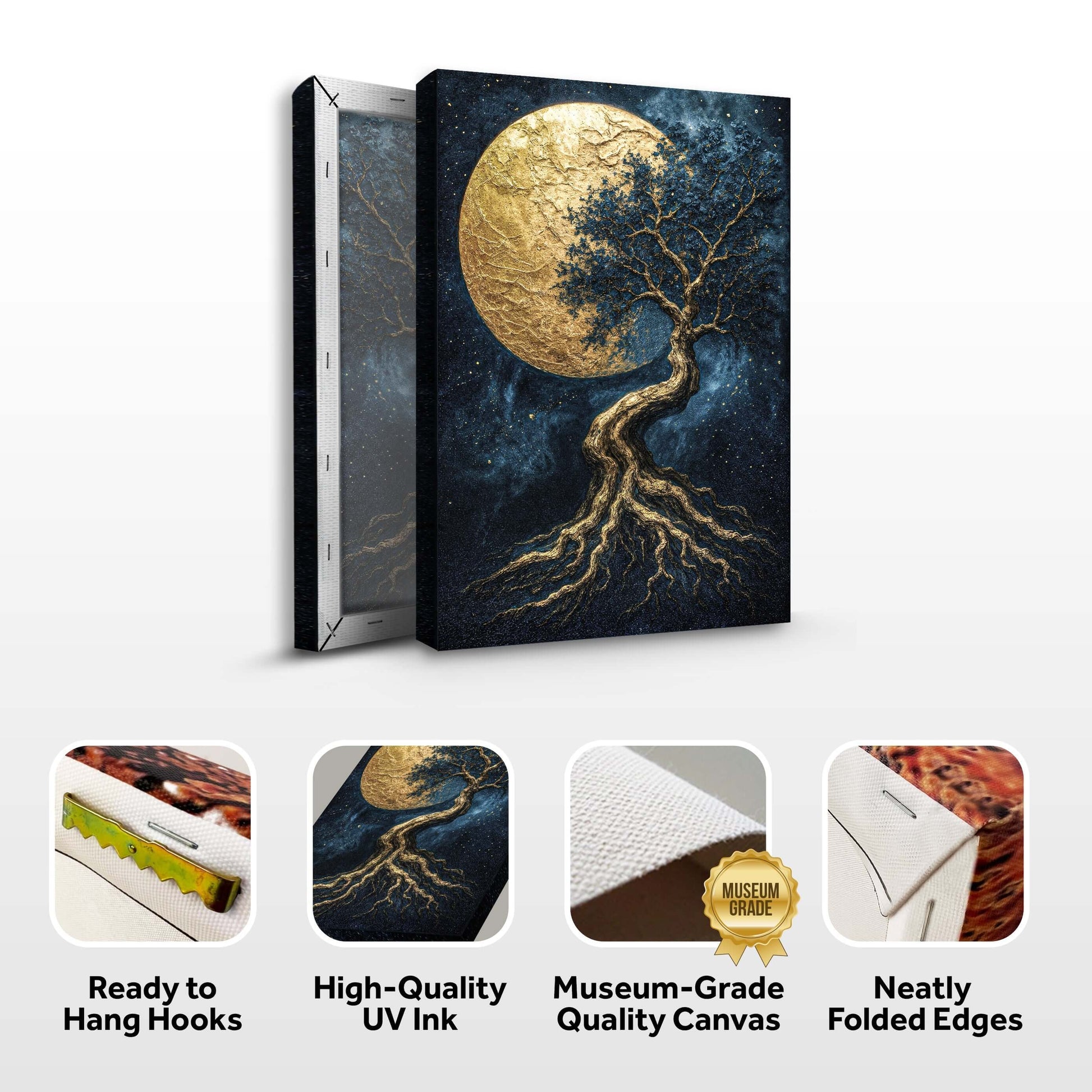 Lunar Tree of Life Canvas Wall Art with high-quality UV ink and ready to hang features.