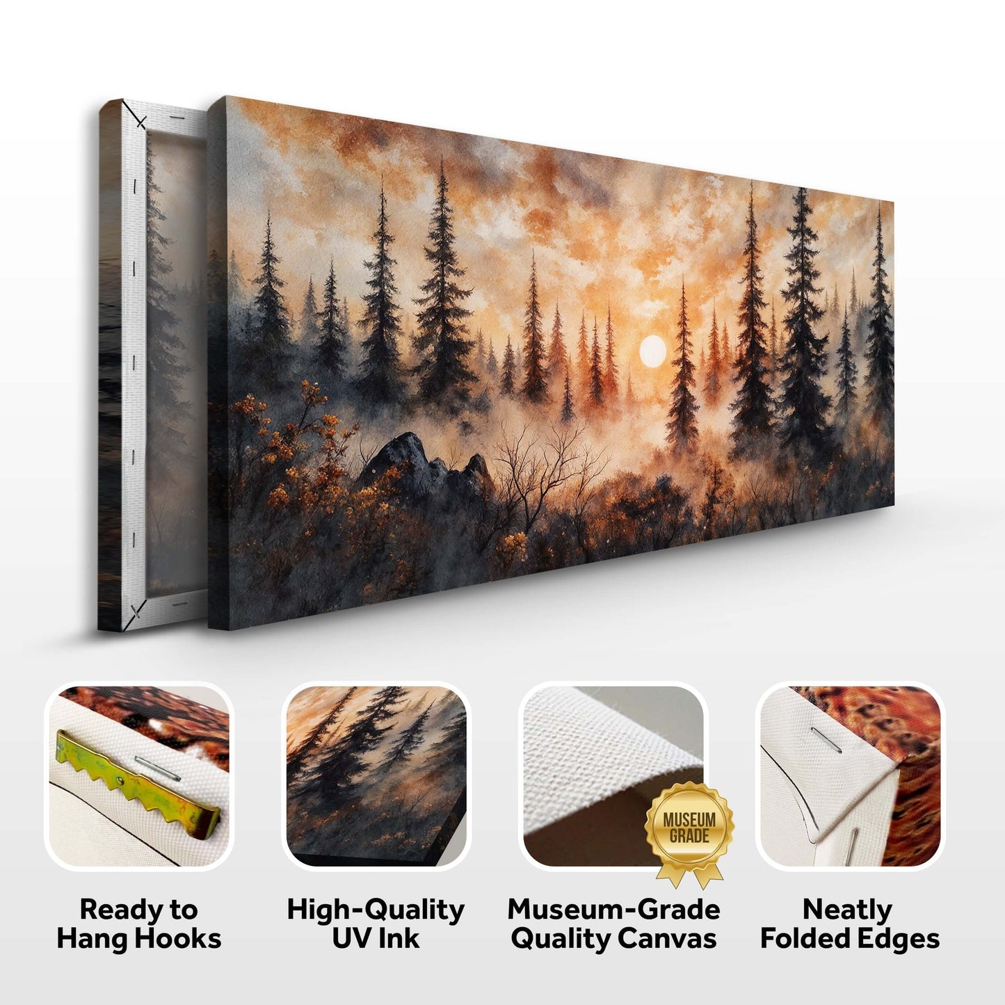 Rustic Forest Sunset Canvas Wall Art showcasing majestic mountains, lush forests, and high-quality museum-grade canvas.