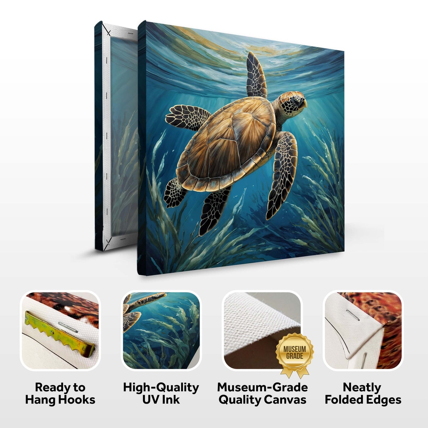Turtle In Seagrass Coastal Canvas Wall Art showcasing museum-grade quality, ready to hang with high-quality UV ink.