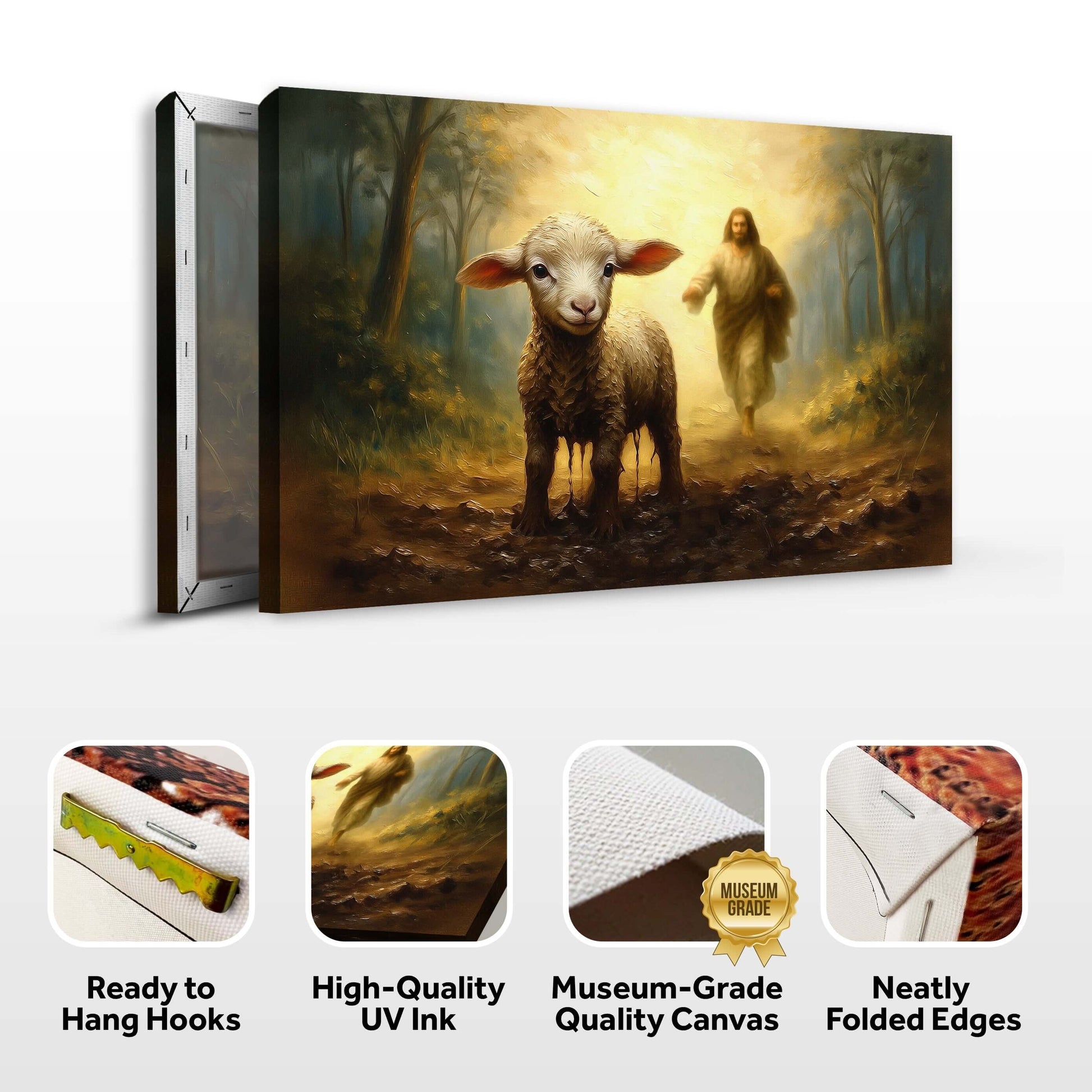 Jesus Running After A Lost Lamb Faith Wall Art - high-quality canvas with a lamb and Jesus in a serene setting.