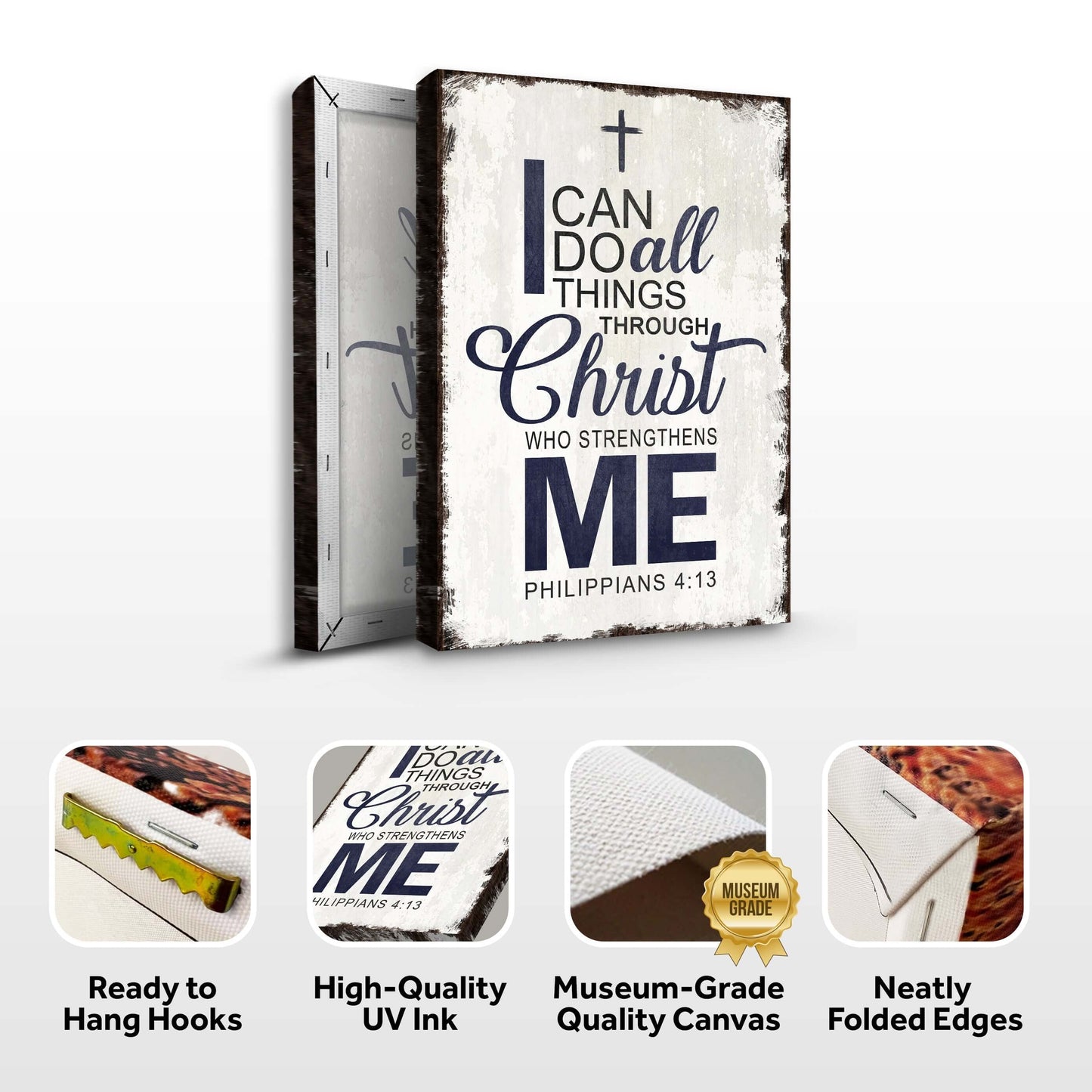 Philippians 4:13 - I Can Do All Things Through Christ Faith Sign II with high-quality canvas and ready to hang hooks.