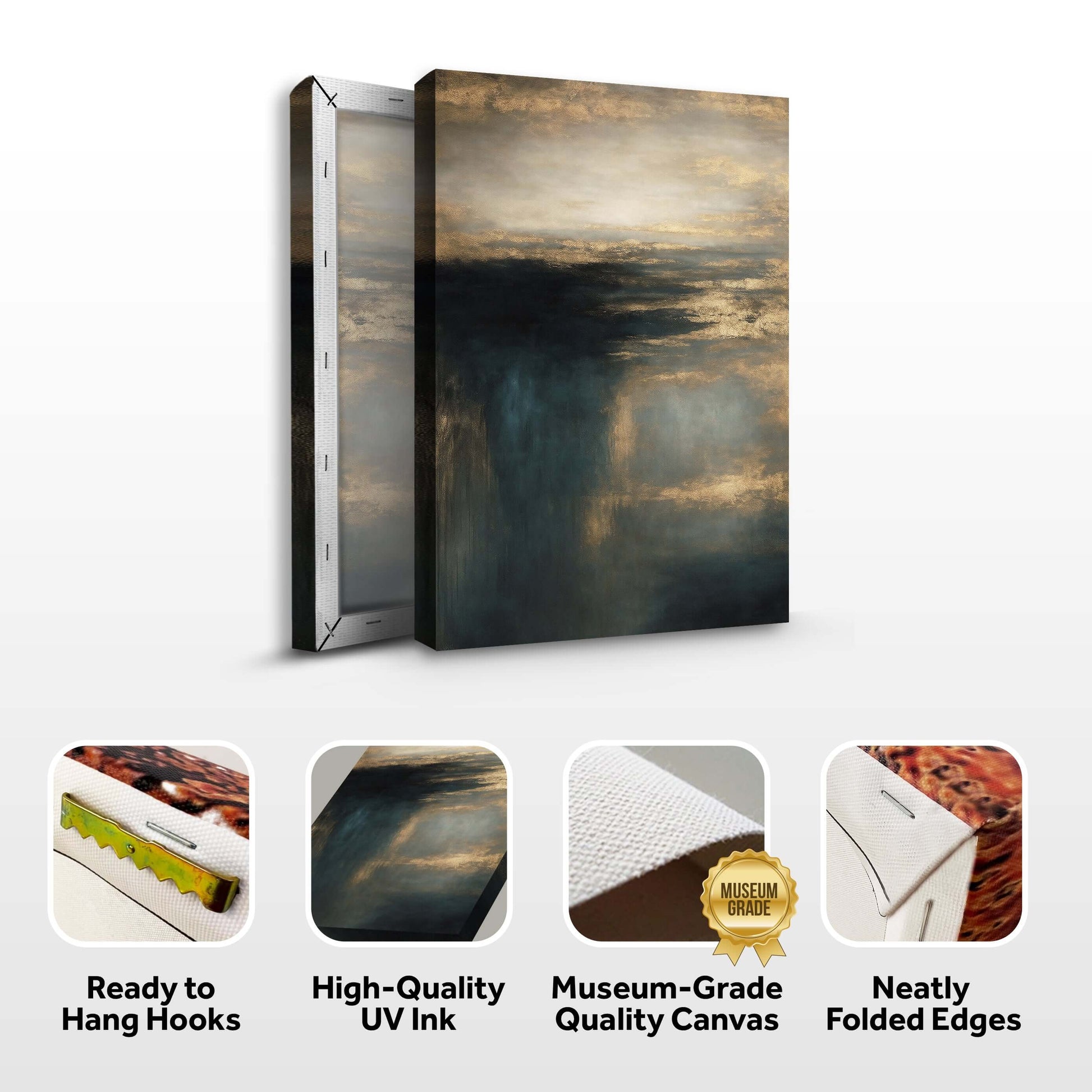 Cloudscape Glimmer Canvas Wall Art showing ready to hang hooks and high-quality UV ink on museum-grade canvas.