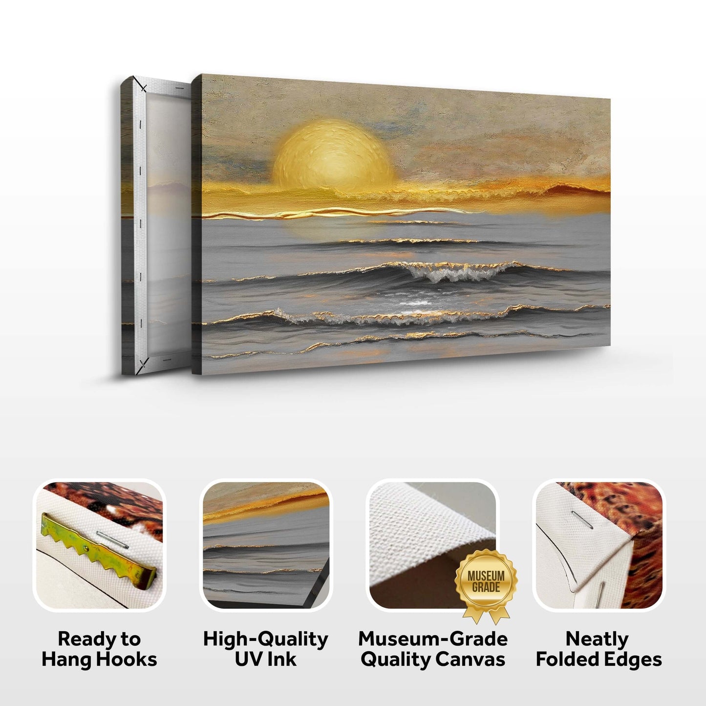 Golden Horizon Calm Canvas Wall Art highlighting ready to hang hooks and museum-grade quality canvas.
