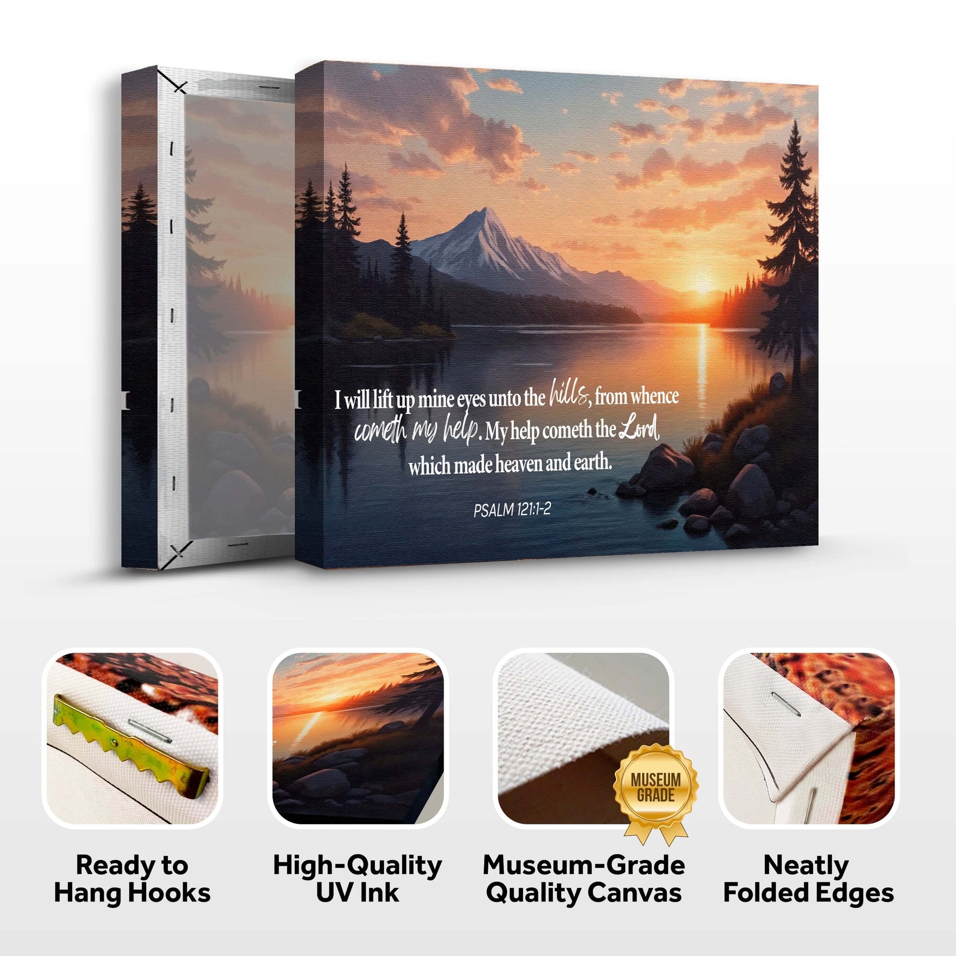 Psalm 121:1-2 - A Song Of Ascents Faith Wall Sign featuring scenic mountains and lake with inspirational text.