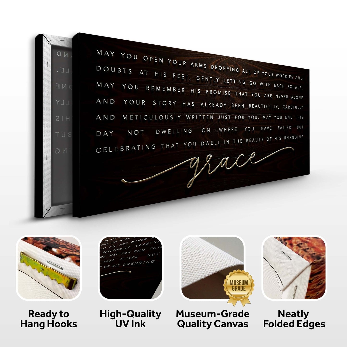Unending Grace Faith Sign IV with high-quality UV ink and ready to hang hooks, featuring beautiful handwritten grace design.