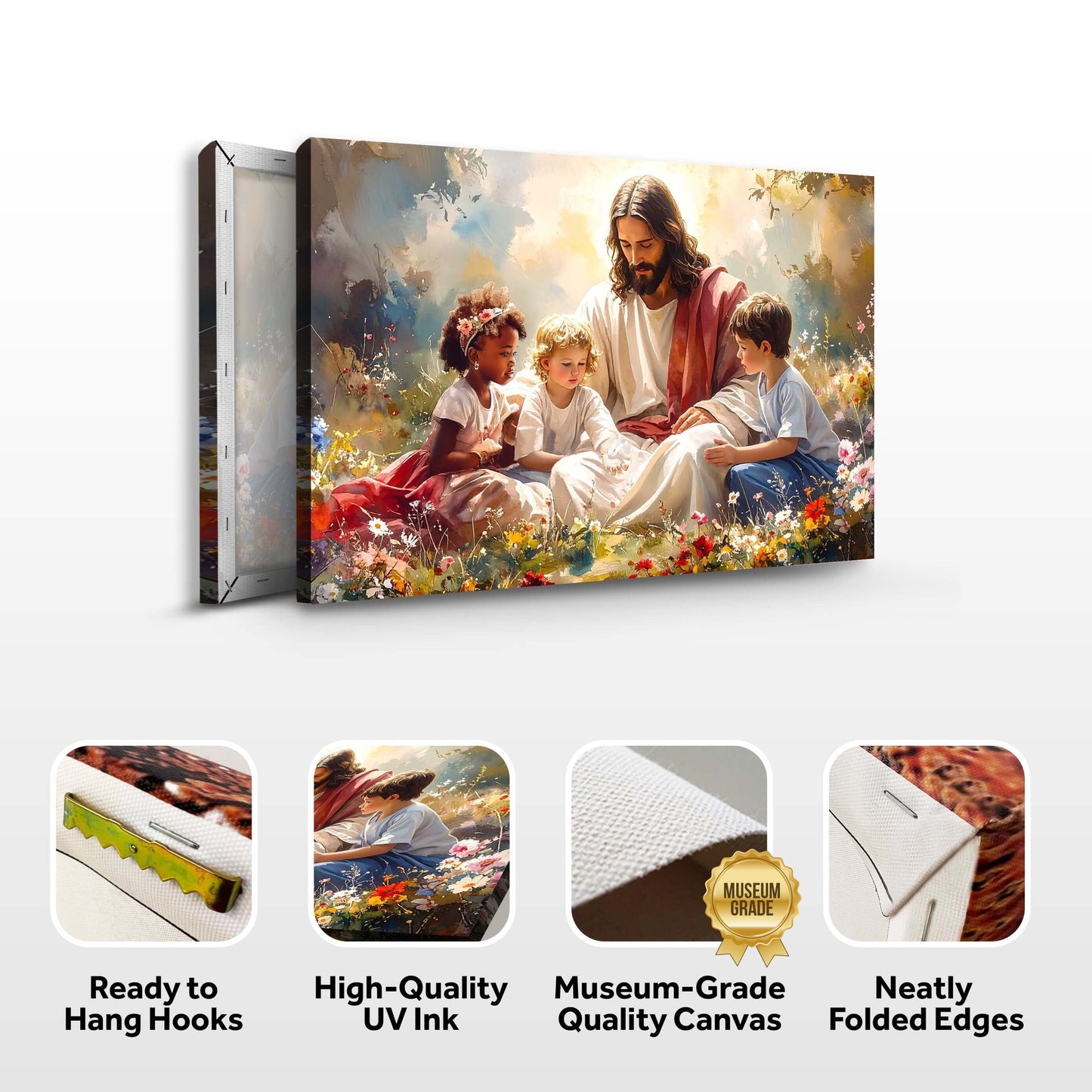 Jesus With Children Faith Wall Canvas Art VIII showcasing vibrant colors and high-quality craftsmanship.