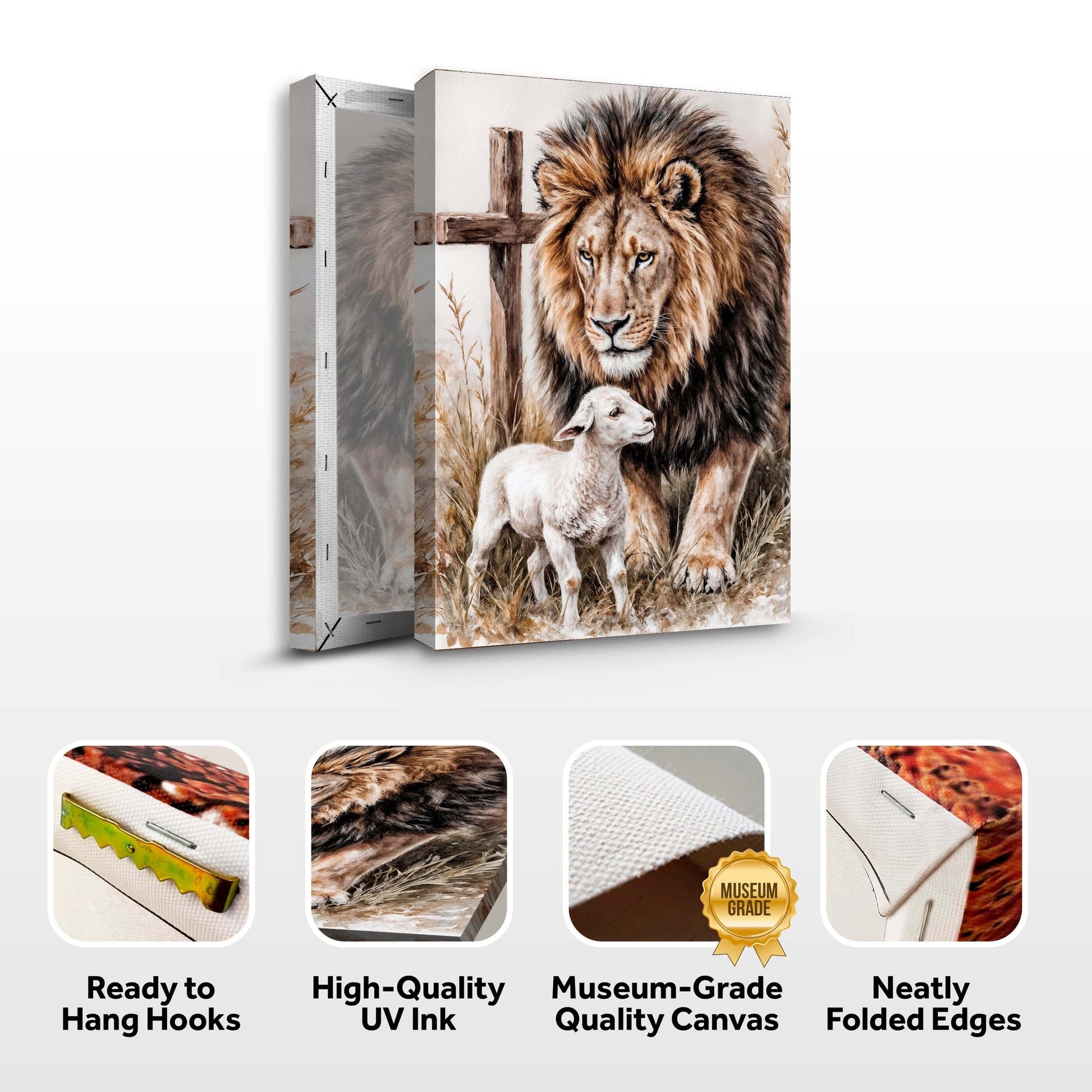 Lion And Sheep Faith Wall Art II featuring a lion and a sheep against a wooden cross on high-quality canvas.
