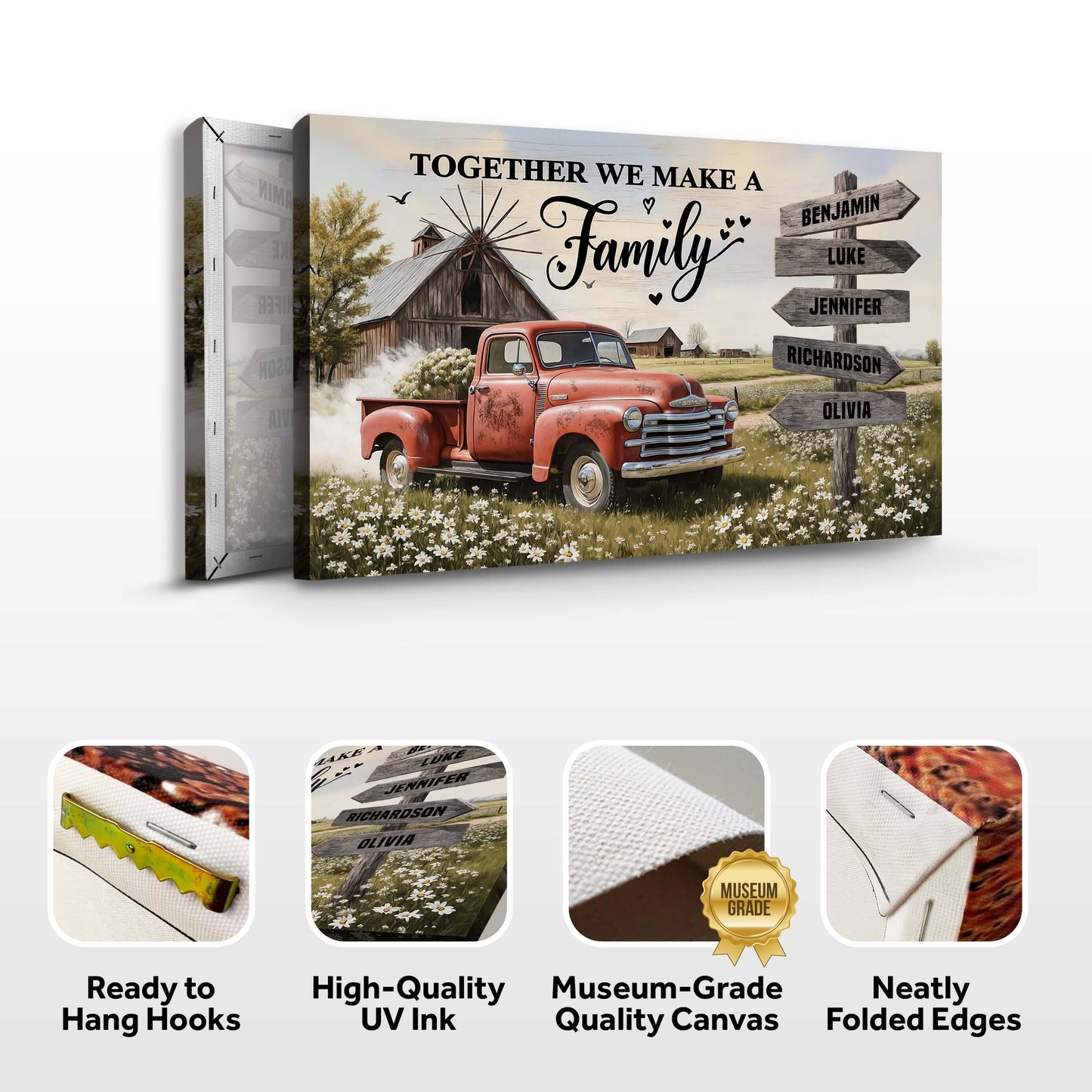 Personalized Family Farmhouse Old Truck Wall Art featuring family names on a rustic canvas print with vintage truck.