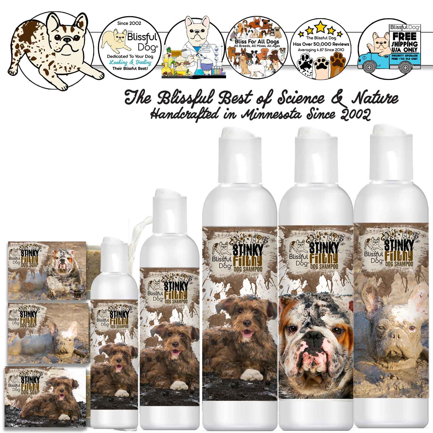 Stinky Filthy Dog Shampoo & Soap product image featuring various bottles and packaging for dogs.