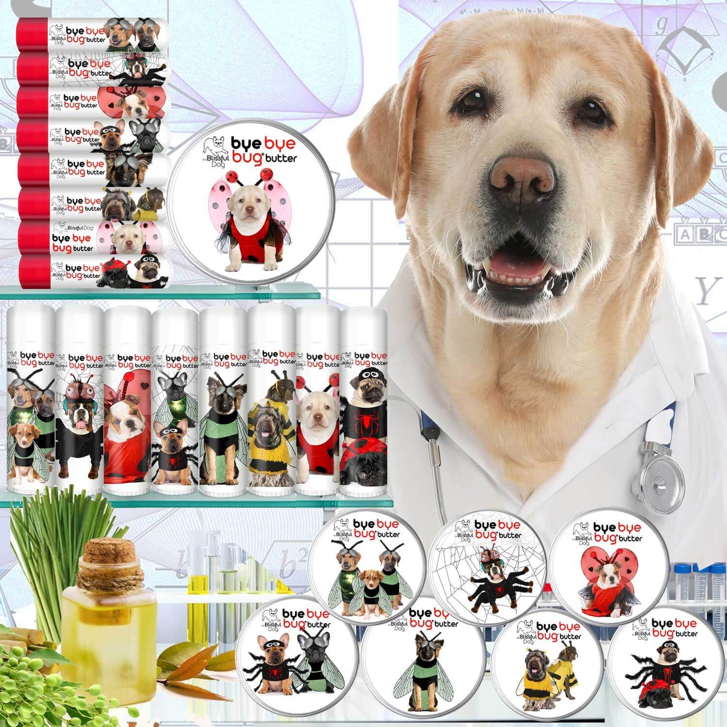Bye Bye Bug Butter natural bug repellent for dogs, featuring various pet characters and a Labrador in a vet setting.