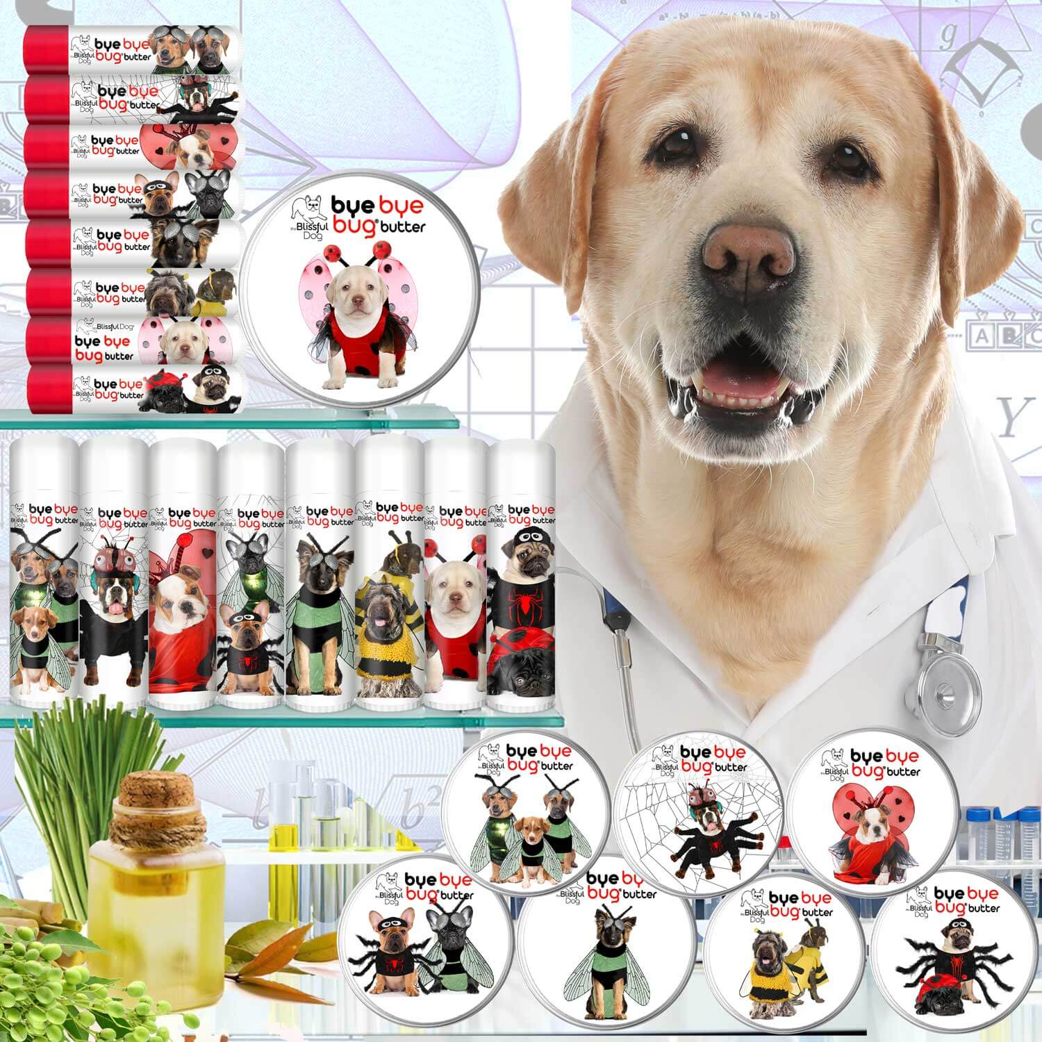 Bye Bye Bug Butter natural bug repellent for dogs, featuring various pet characters and a Labrador in a vet setting.