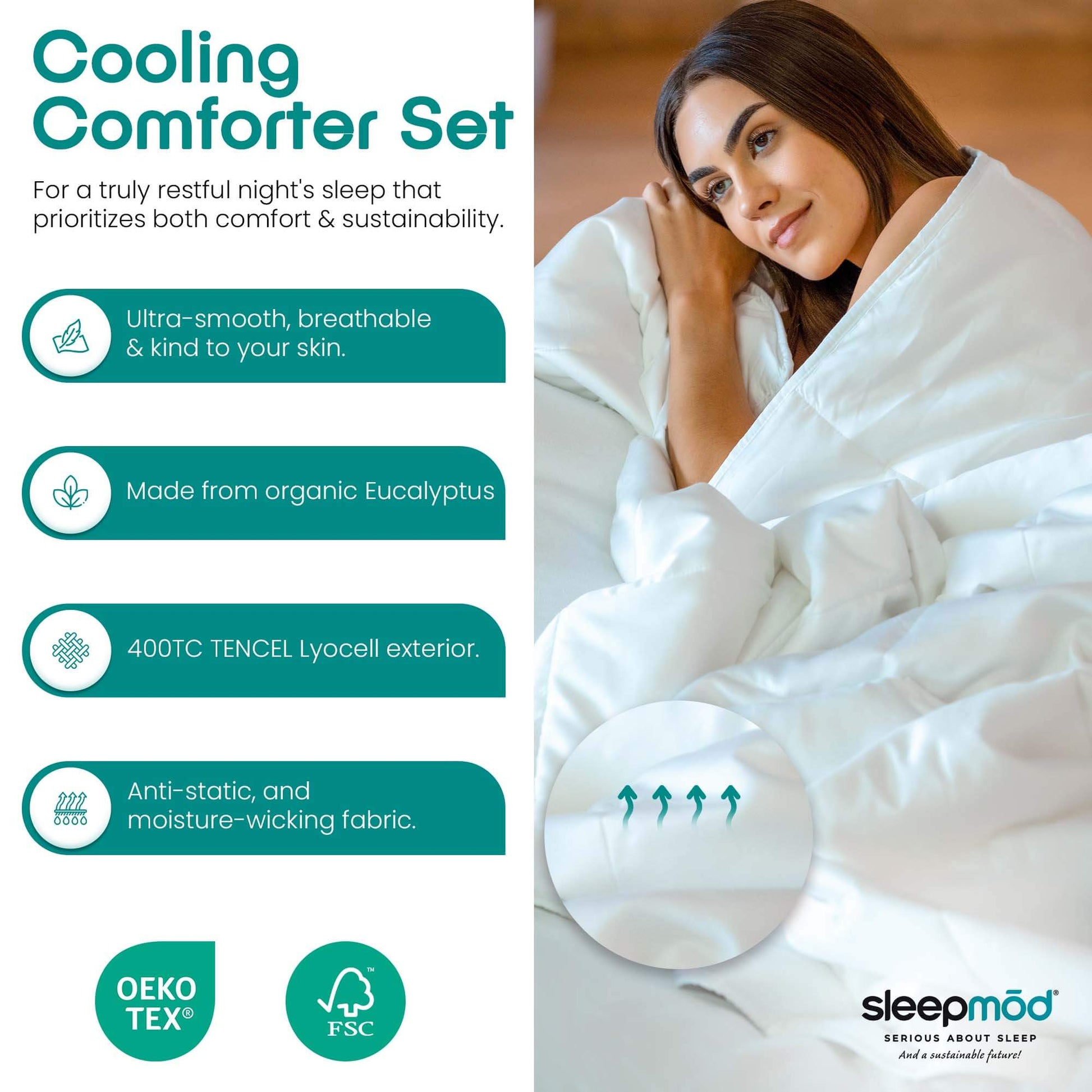 Temperature regulating eucalyptus silk comforter set featuring a model enjoying comfort and breathability.