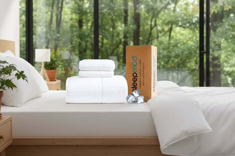 temperature regulating eucalyptus silk comforter set with pillow shams and packaging display