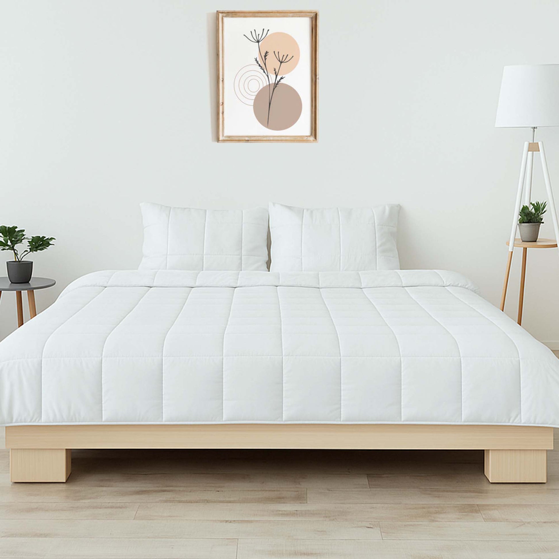 Temperature regulating eucalyptus silk comforter set on a stylish bed with matching pillow shams in a modern bedroom.