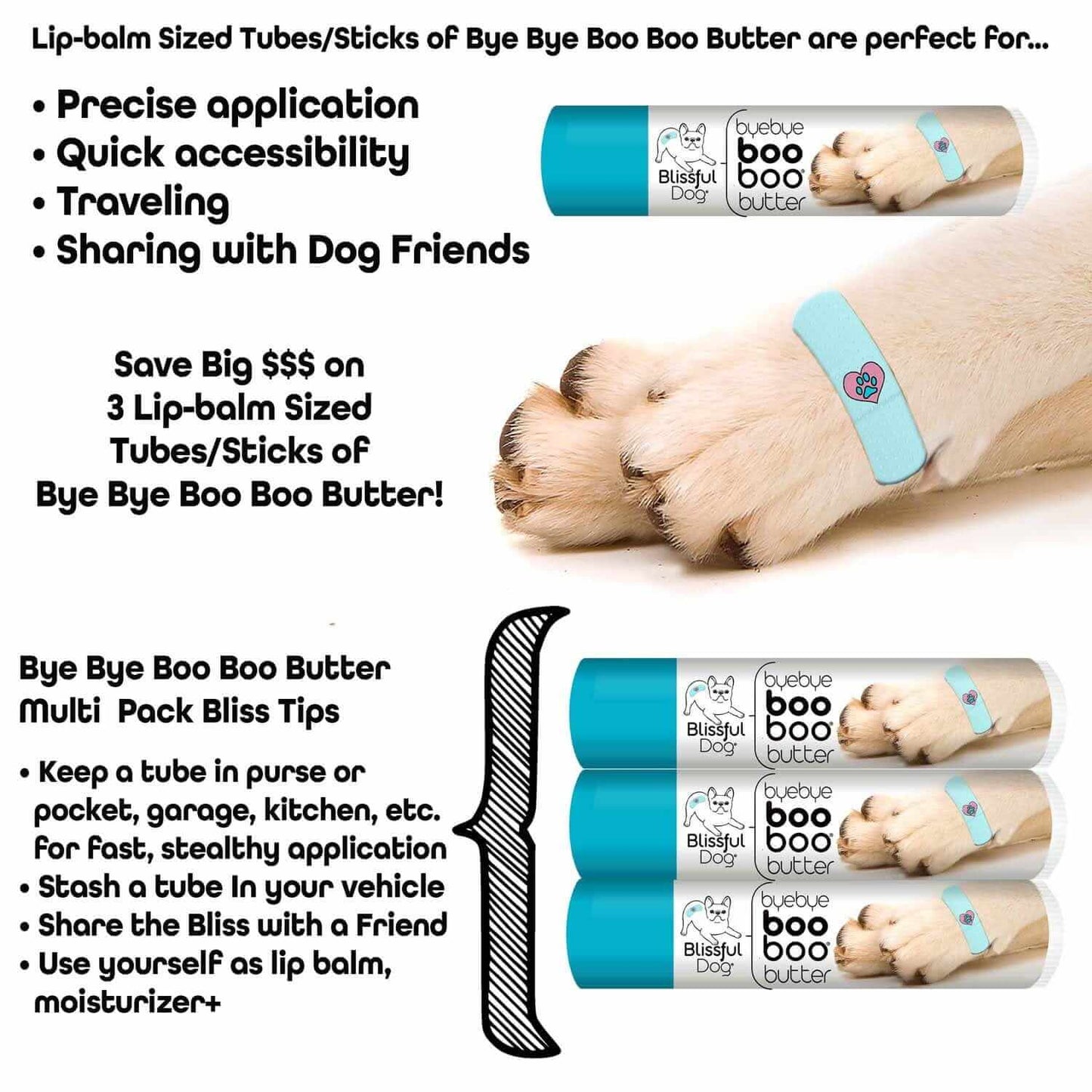1 Dog Bye Bye Boo Boo Butter Lip-balm Sized Tubes for Easy Application and Travel Sharing with Dog Friends