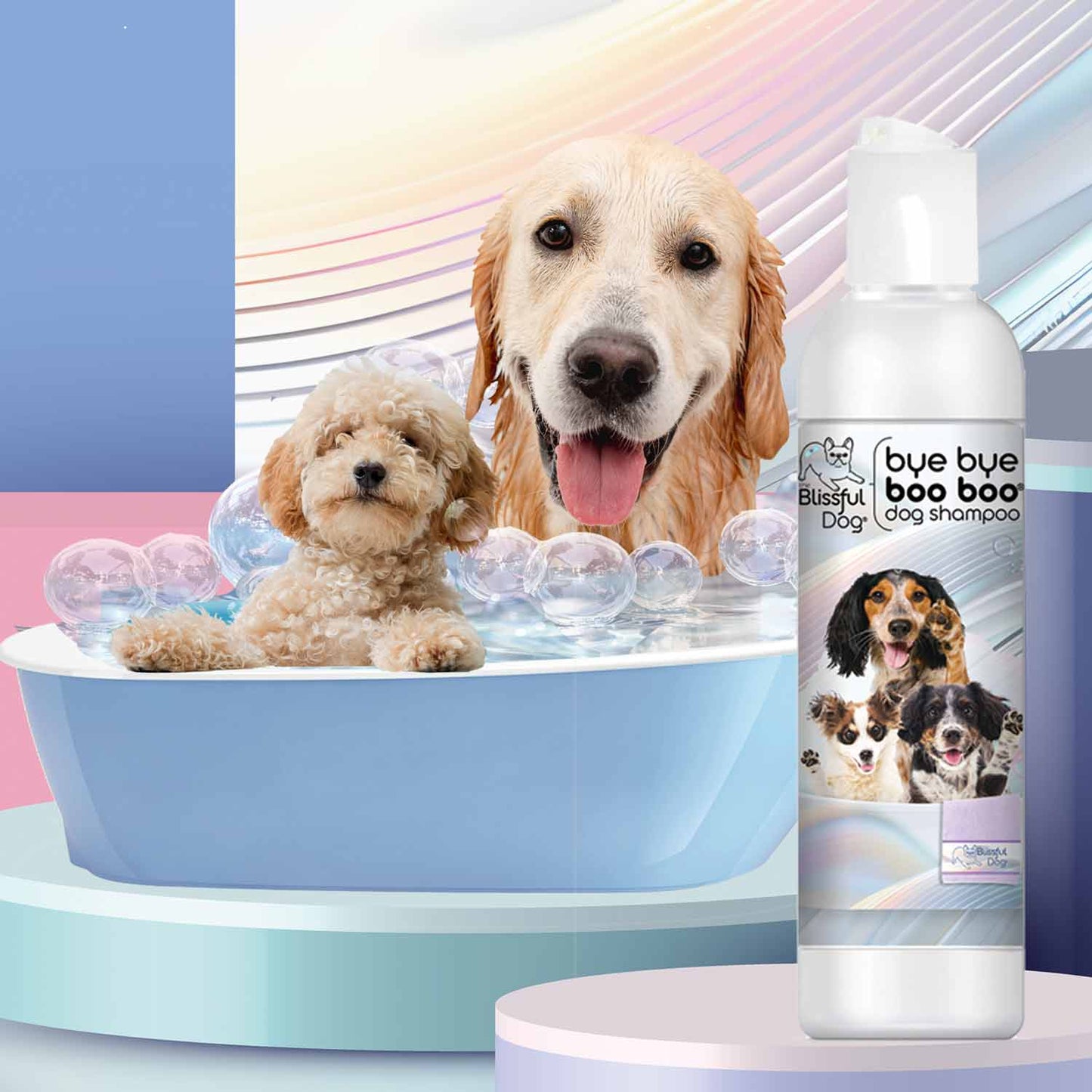 Bye Bye Boo Boo Dog Shampoo & Bar Soap with happy dogs in a bath, promoting itch relief for skin irritations.