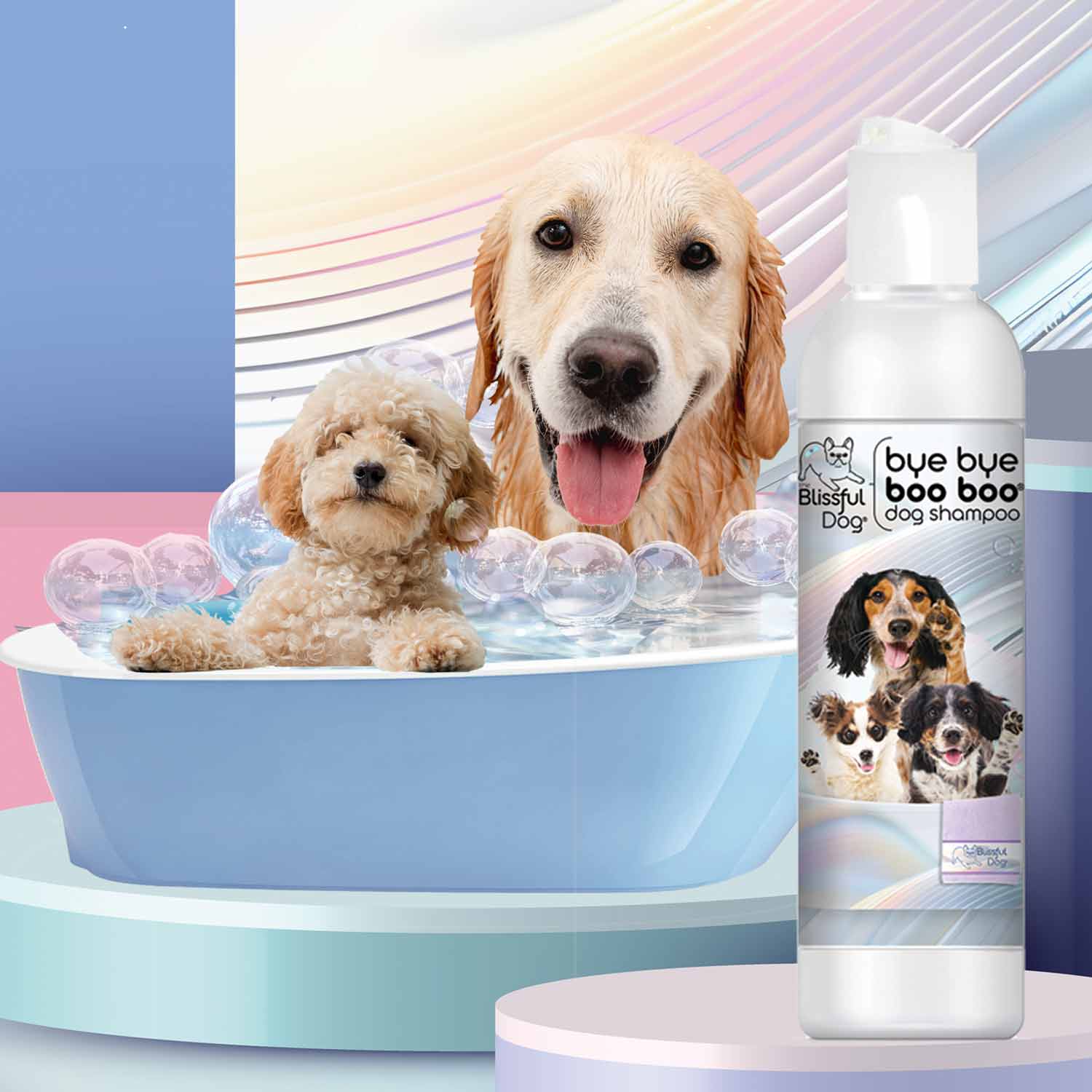 Bye Bye Boo Boo Dog Shampoo & Bar Soap with happy dogs in a bath, promoting itch relief for skin irritations.