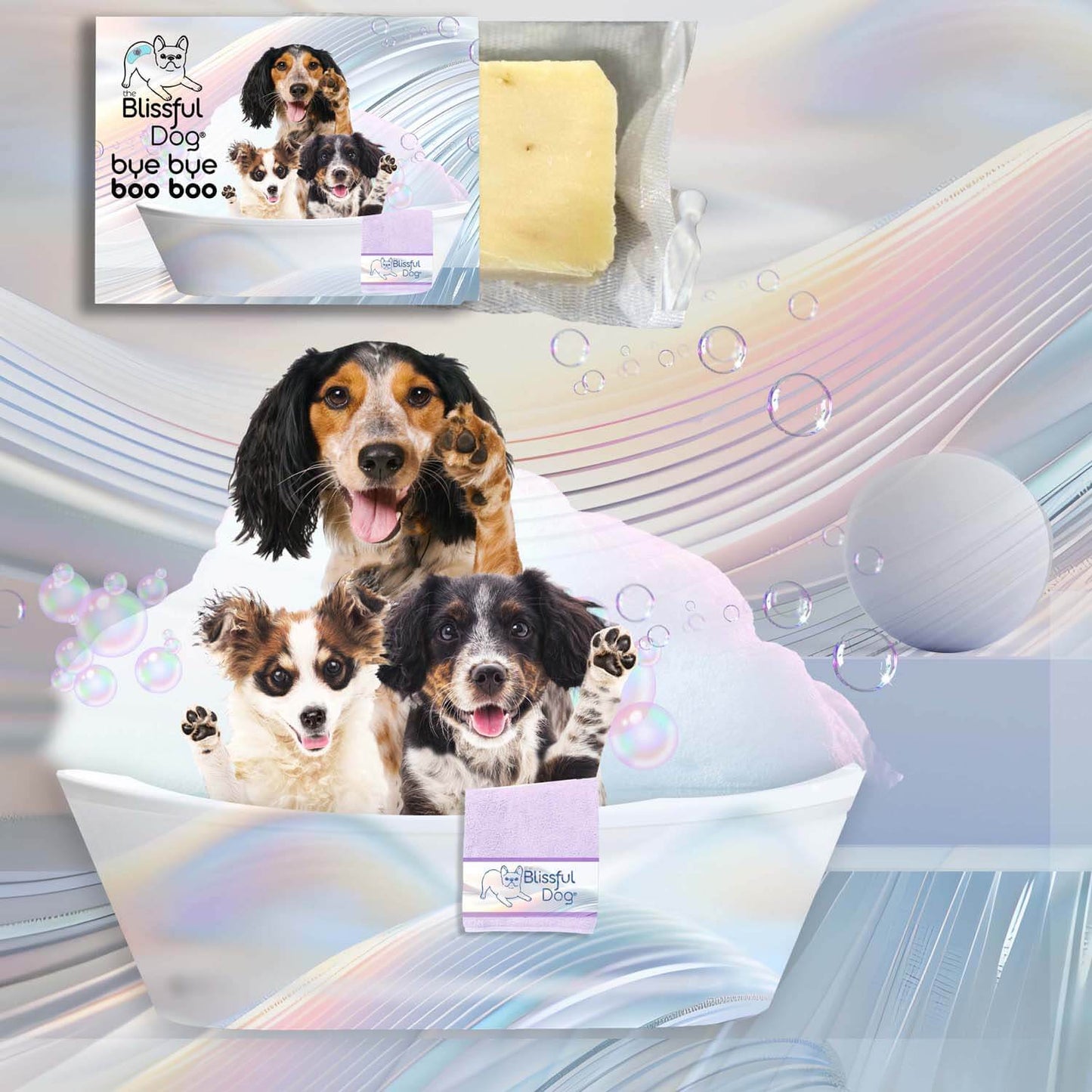 Bye Bye Boo Boo Dog Shampoo & Bar Soap for banishing itchy skin irritations with happy dogs in a bath tub.
