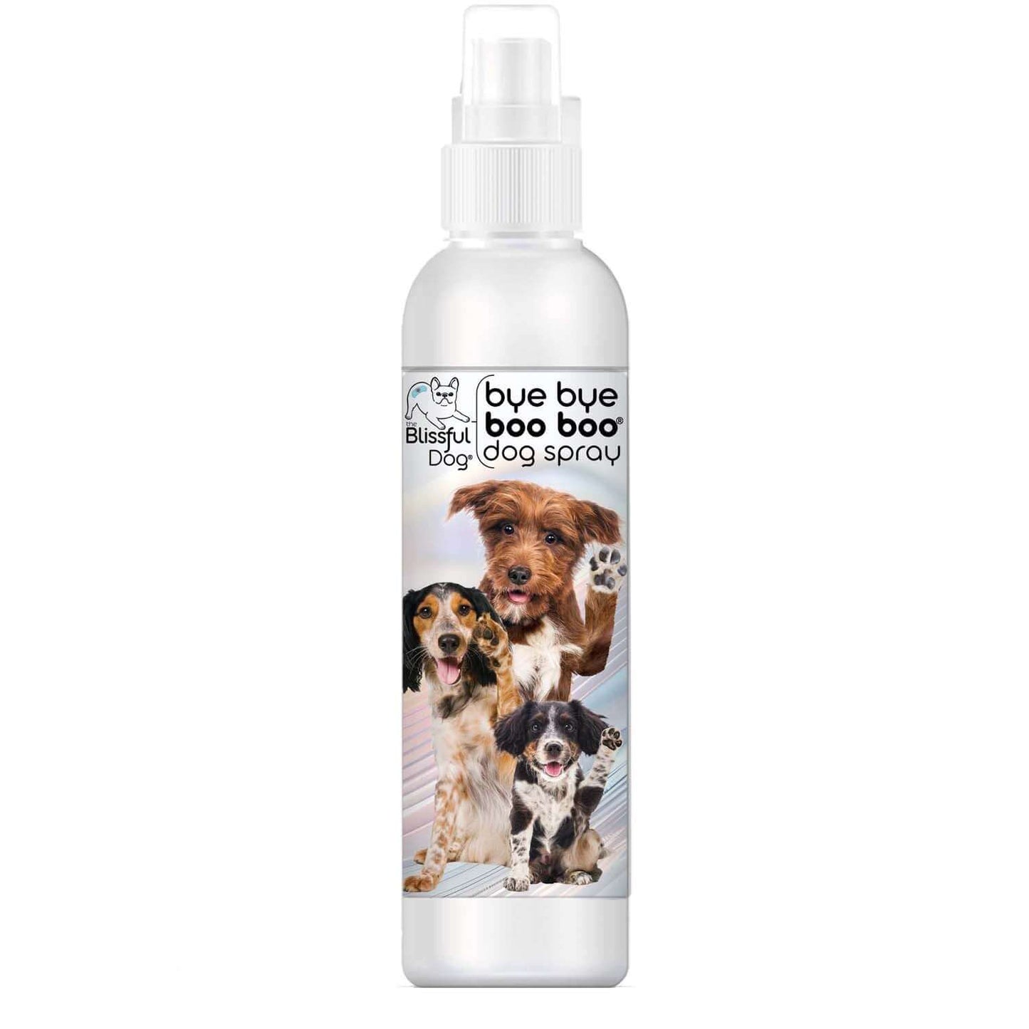 Bye Bye Boo Boo Dog Spray bottle with happy dogs on the label for soothing skin comfort.