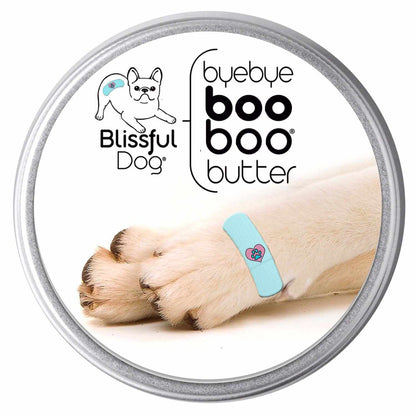1 Dog Bye Bye Boo Boo Butter product featuring dog paws and a bandage on tin packaging.