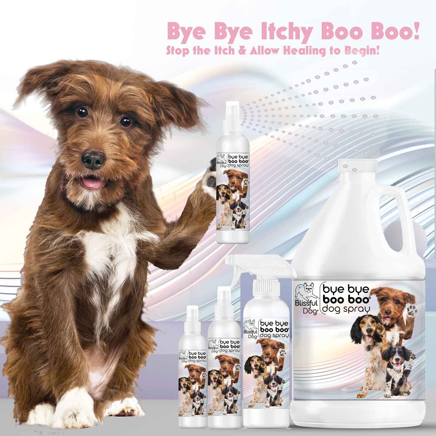 Bye Bye Boo Boo Dog Spray collection for soothing itchy skin in dogs with an adorable pup showcasing the products.