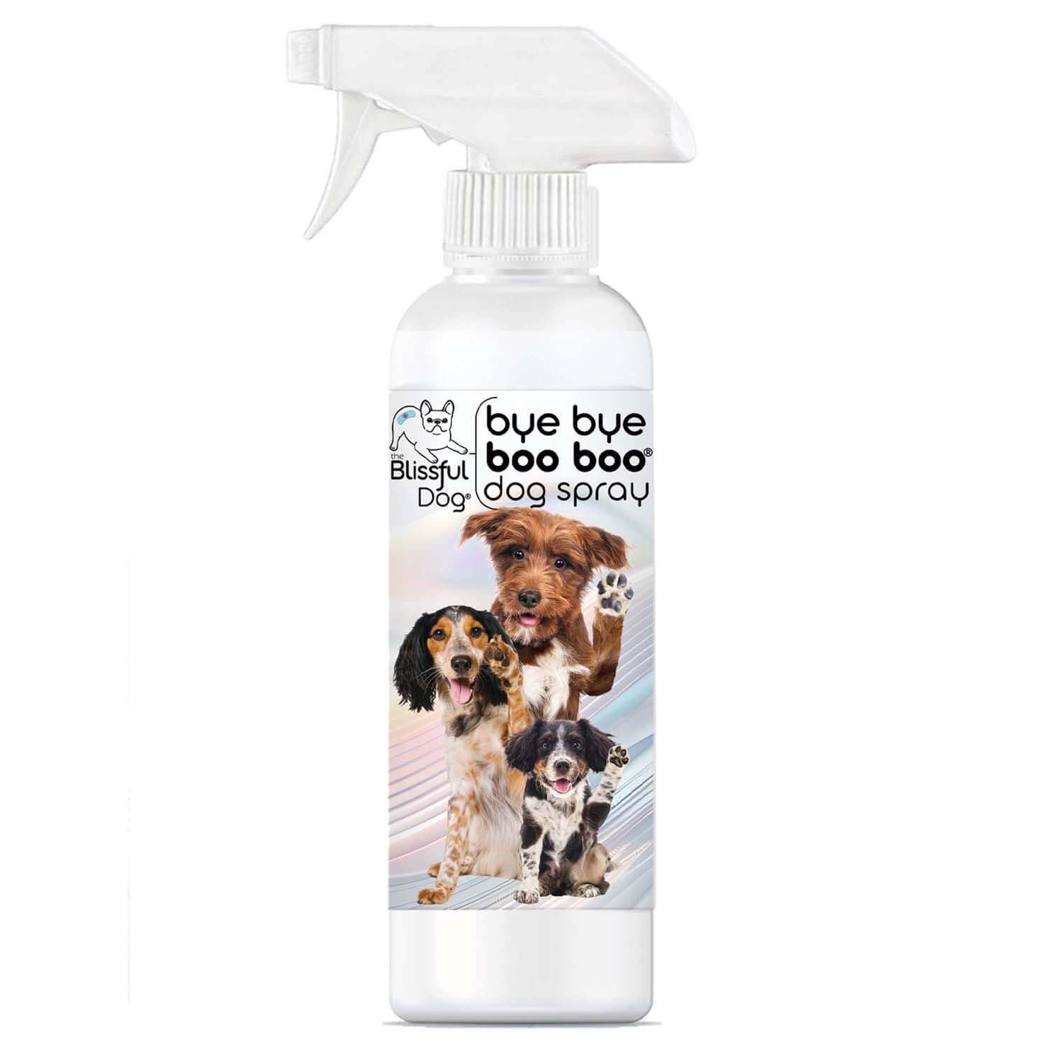 Bye Bye Boo Boo Dog Spray bottle with images of happy dogs, designed to stop itching and soothe skin issues.