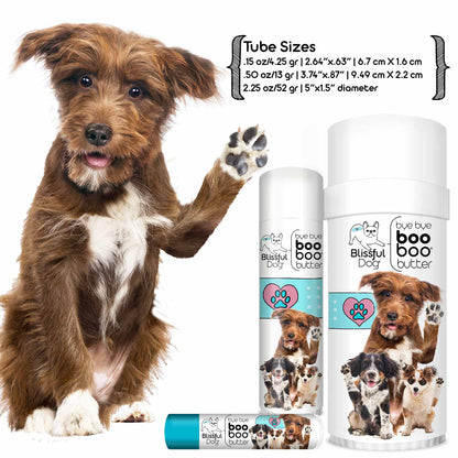 3 Cute Puppies Boo Boo Butter with different tube sizes and a happy dog.