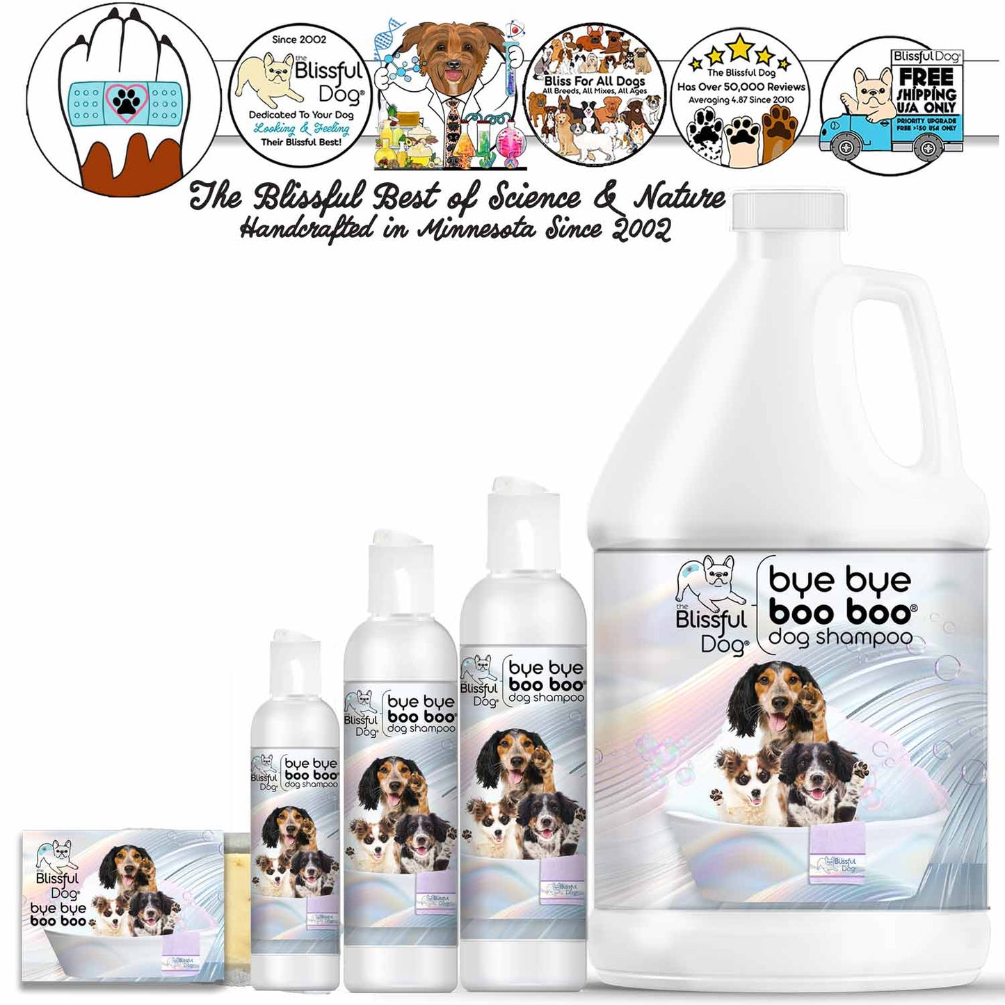 Bye Bye Boo Boo Dog Shampoo & Bar Soap products including bottles and packaging displayed with dog images.