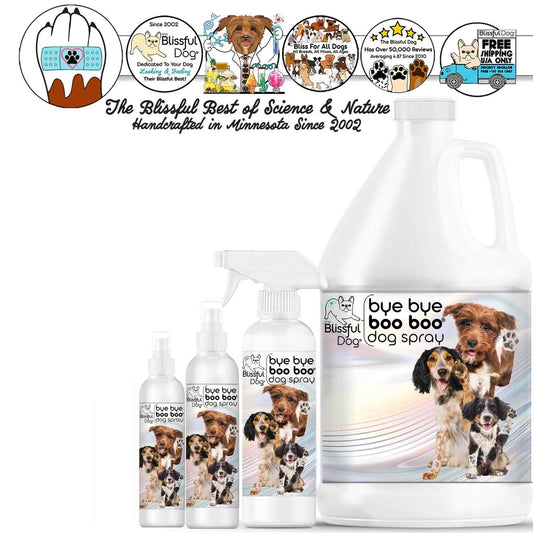 Bye Bye Boo Boo Dog Spray collection bottles featuring happy dogs and natural ingredients for healing skin issues.