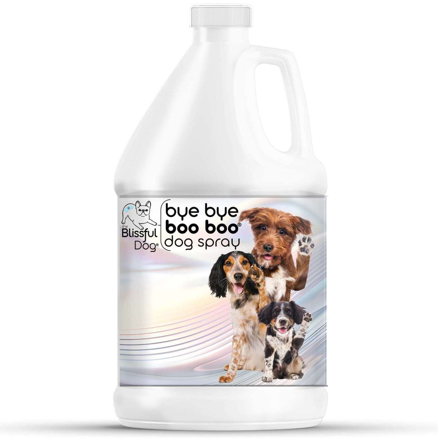 Bye Bye Boo Boo Dog Spray in a gallon bottle with playful dogs on the label.
