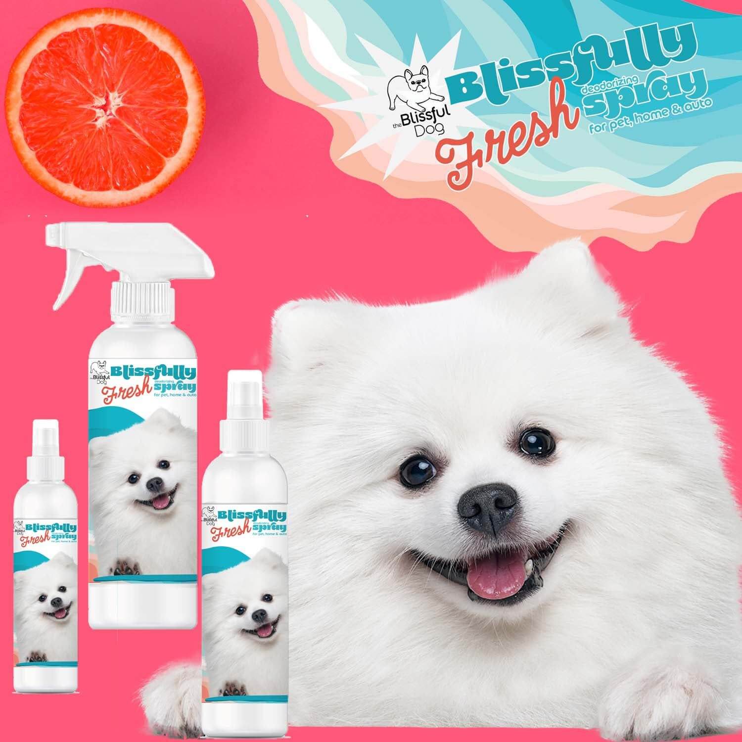 Blissfully Fresh Deodorizing Spray for pets, home & auto with a smiling dog and orange background.