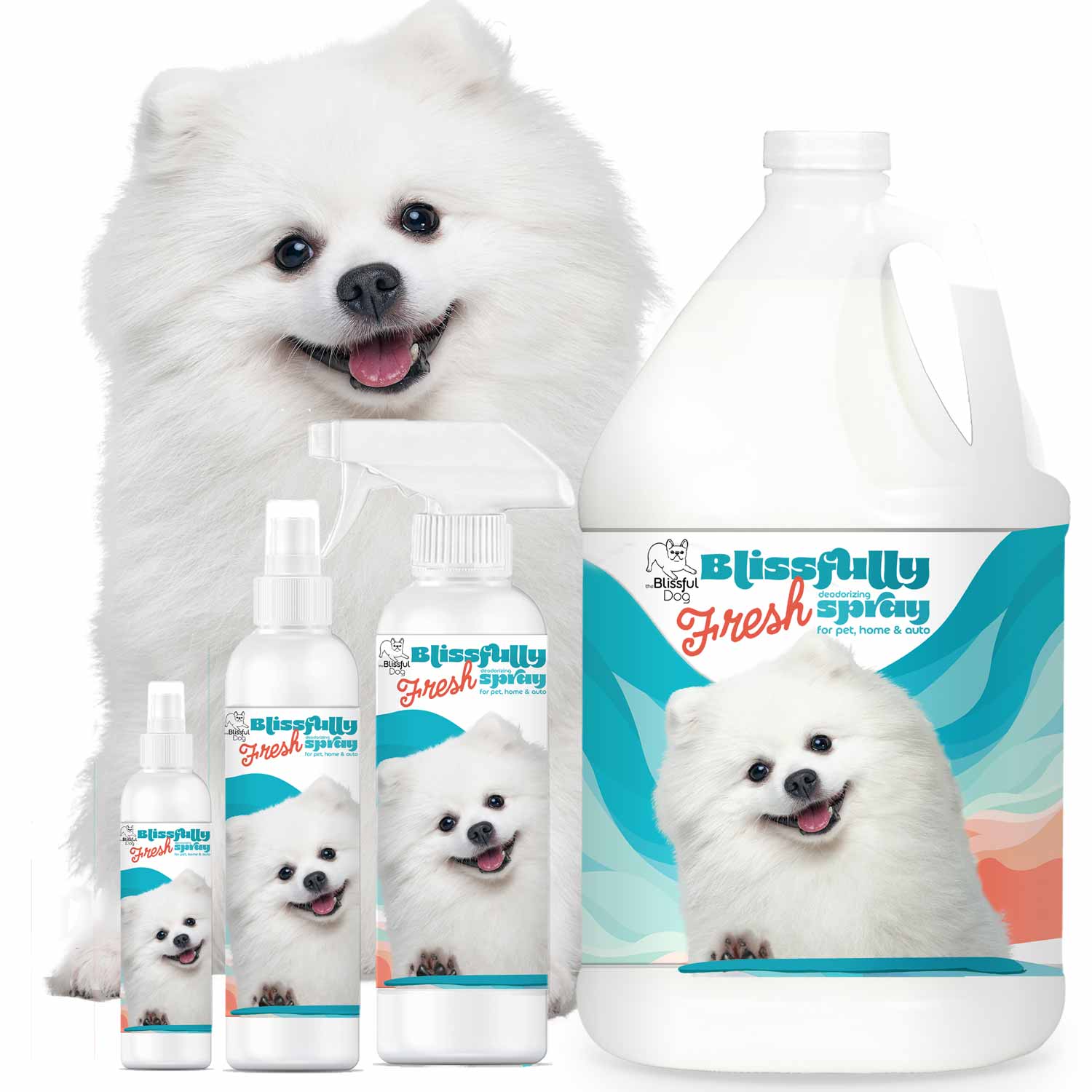 Blissfully Fresh Deodorizing Spray bottles with a happy white dog, perfect for home, pets, and auto refreshing.