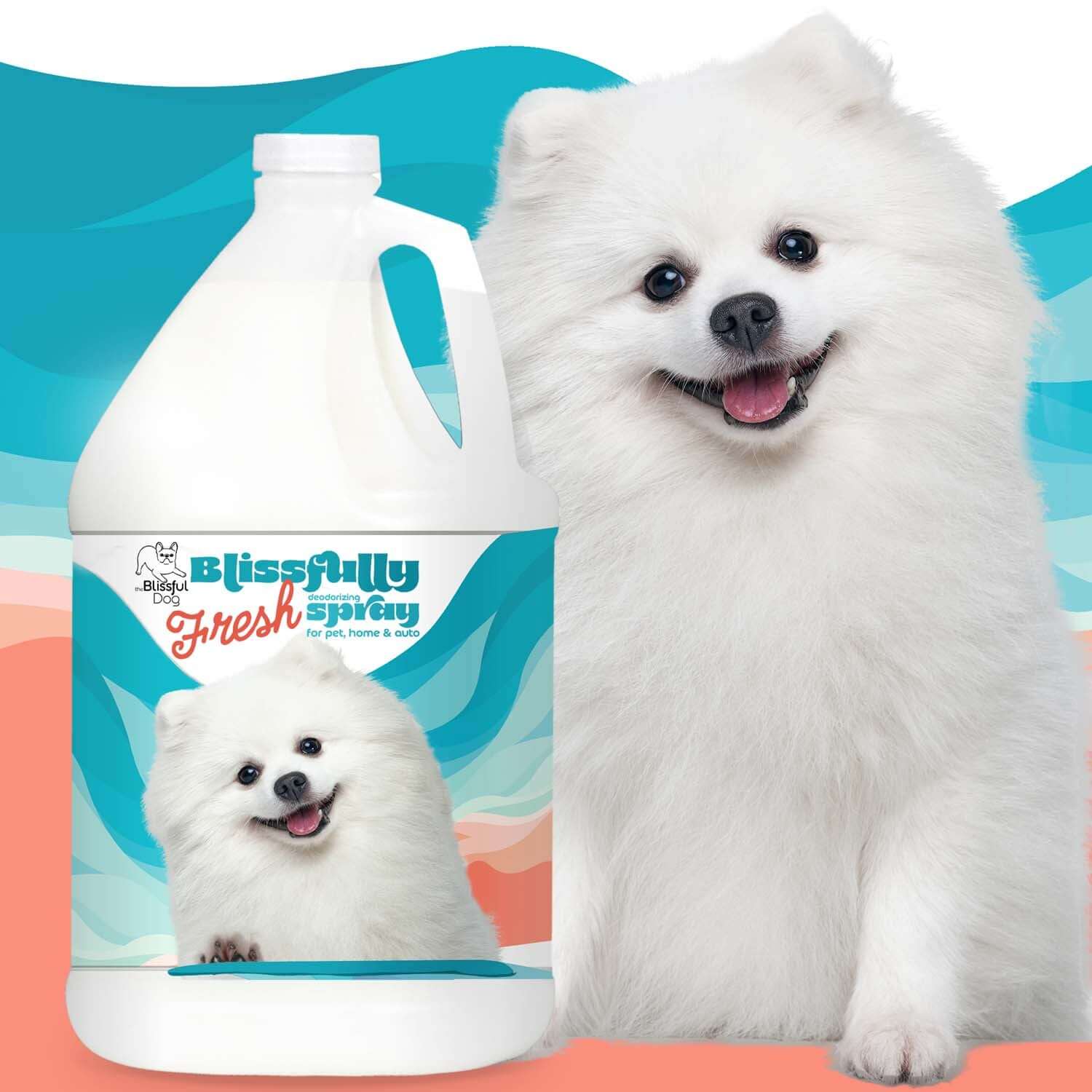 Blissfully Fresh Deodorizing Spray bottle with a happy white dog in the background, perfect for pet and home refreshing.