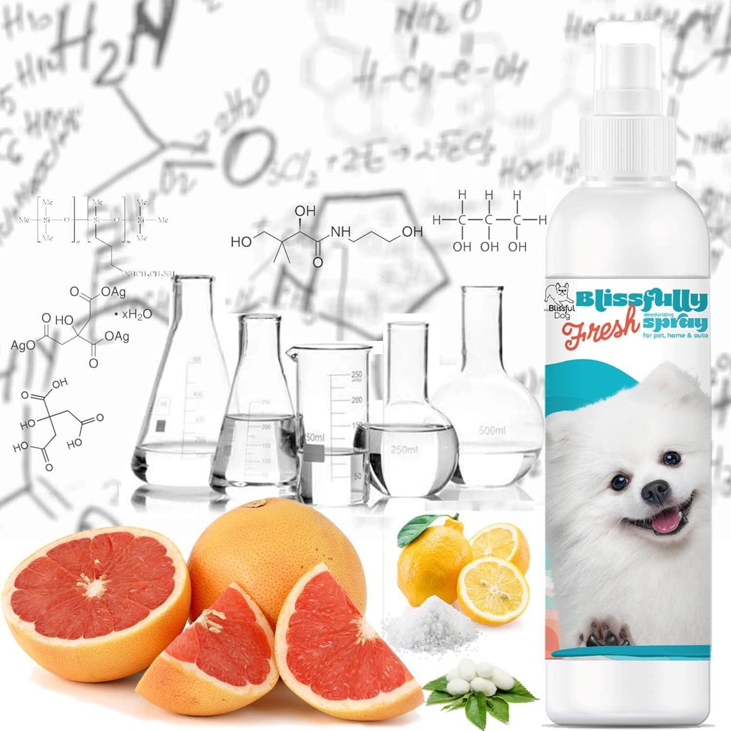 Blissfully Fresh Deodorizing Spray bottle with citrus fruits and laboratory glassware, ideal for pet, home, and auto freshness.