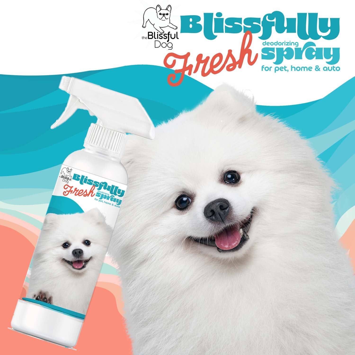 Blissfully Fresh Deodorizing Spray for pets, home and auto with a fluffy white dog.