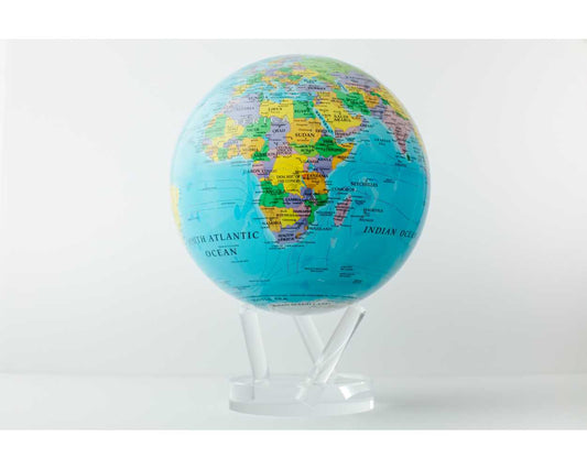 A vibrant, colorful political map world globe with a blue ocean backdrop, powered by ambient light, displayed on a clear stand.