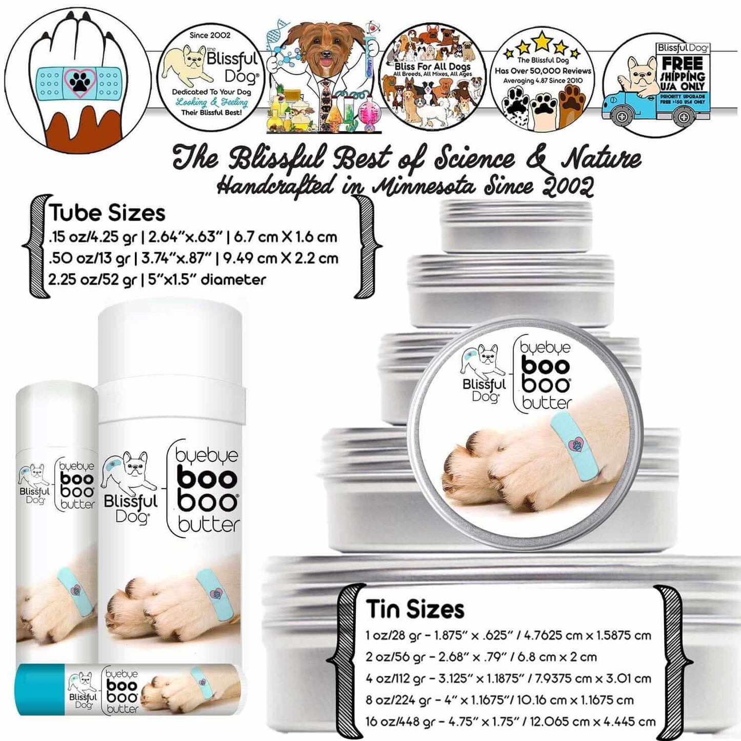 1 Dog Bye Bye Boo Boo Butter product sizes and packaging options for effective skincare for dogs.