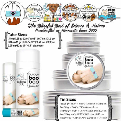 1 Dog Bye Bye Boo Boo Butter product sizes and packaging options for effective skincare for dogs.