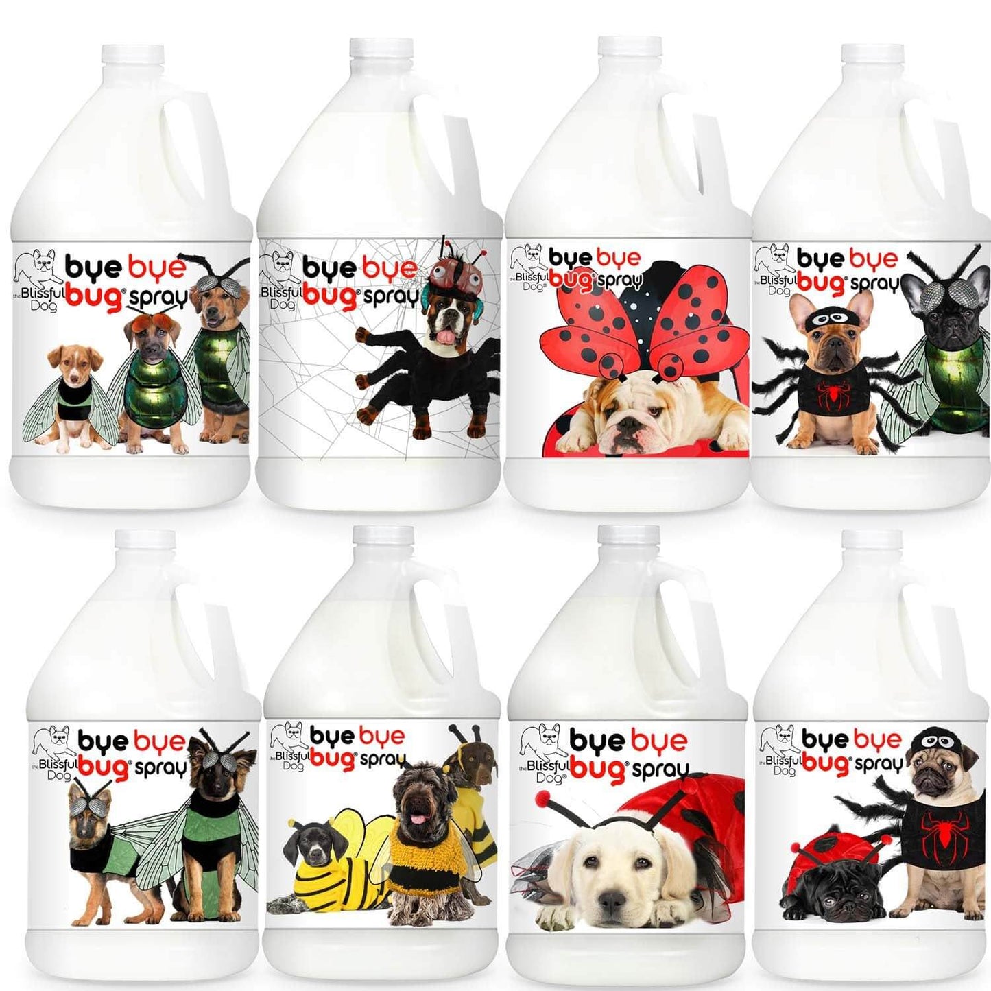 Bye Bye Bug Spray bottles featuring dogs in fun bug costumes, promoting bug repellent for pets.