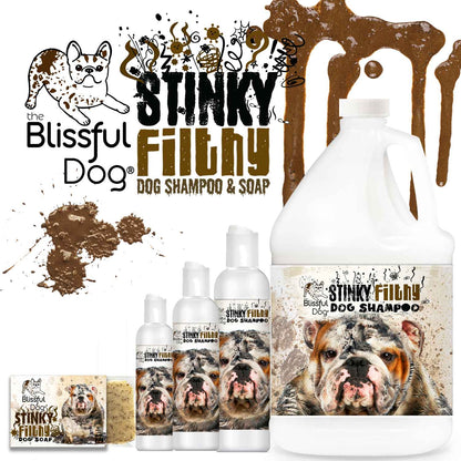 Stinky Filthy Dog Shampoo & Soap product lineup including bottles and bar soap for cleaning dirty dogs.