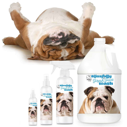 Bulldog Blissfully Fresh Face Wash bottles with a relaxed Bulldog lying on its back