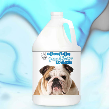 Bulldog Blissfully Fresh Face Wash in a white gallon container with Bulldog image on label.