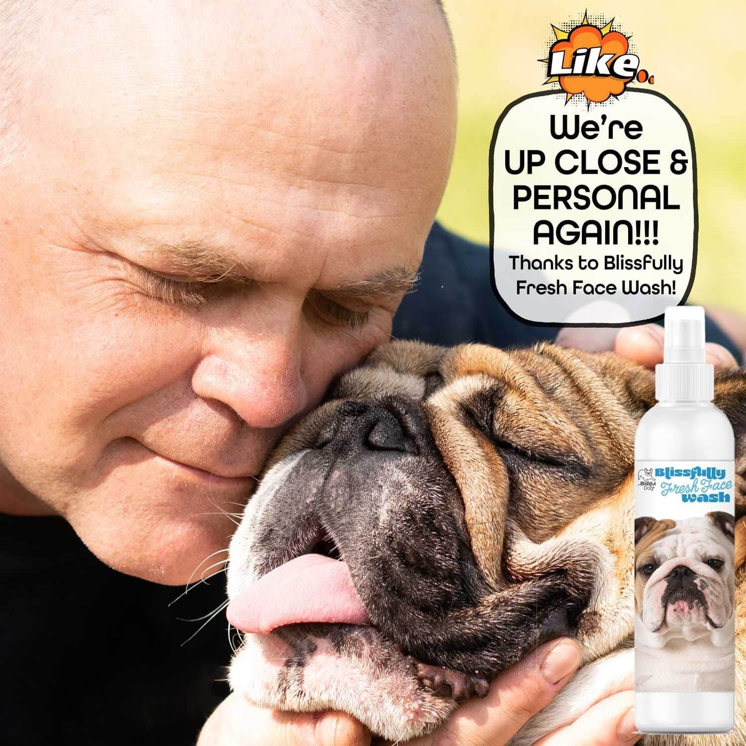 Bulldog Blissfully Fresh Face Wash in use, showcasing a happy bulldog and owner enjoying a close moment together.