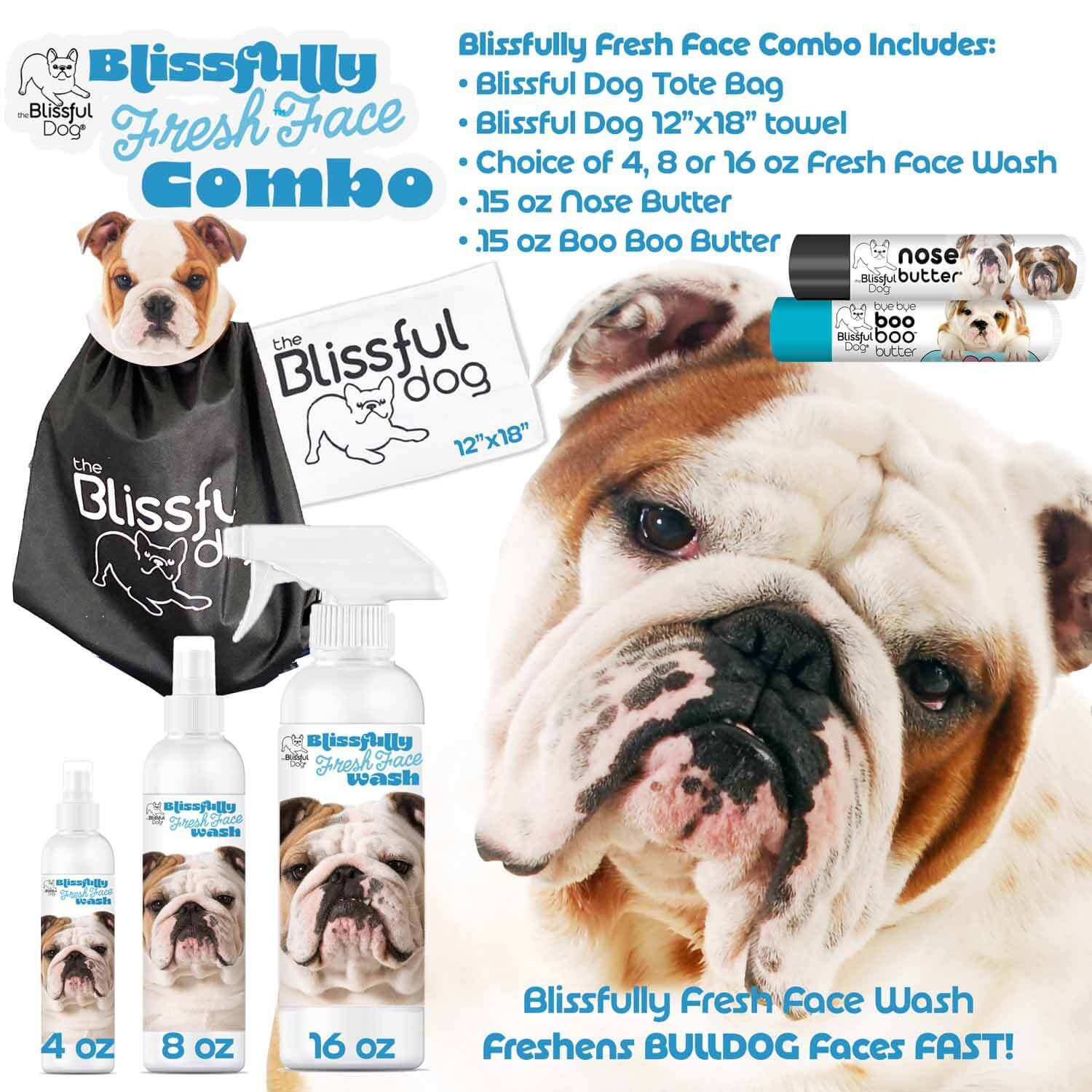 Bulldog Blissfully Fresh Face Wash in a combo pack with tote bag and nose butter for freshening Bulldog faces.