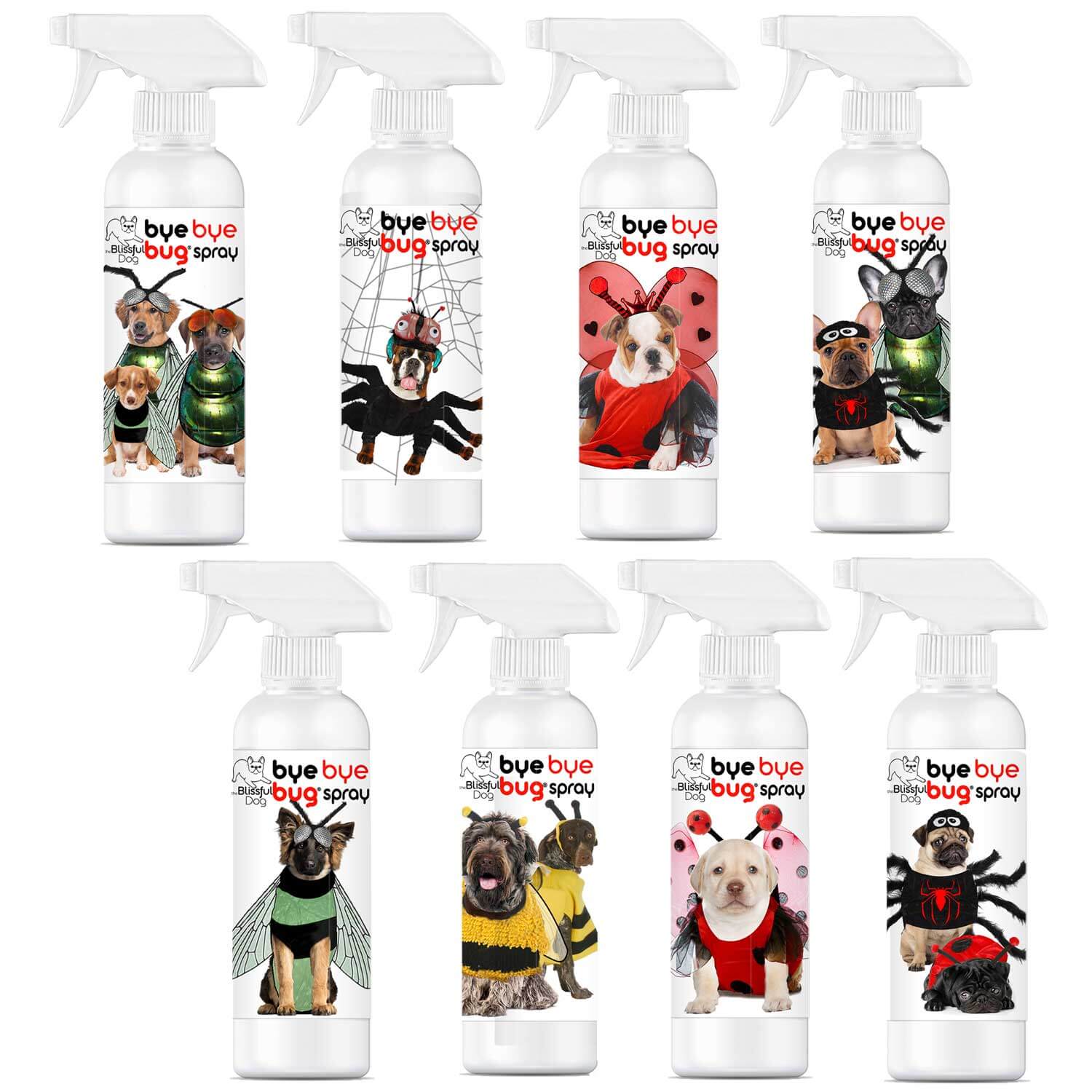 Bye Bye Bug Spray bottles featuring dogs in fun costumes to banish biting bugs.