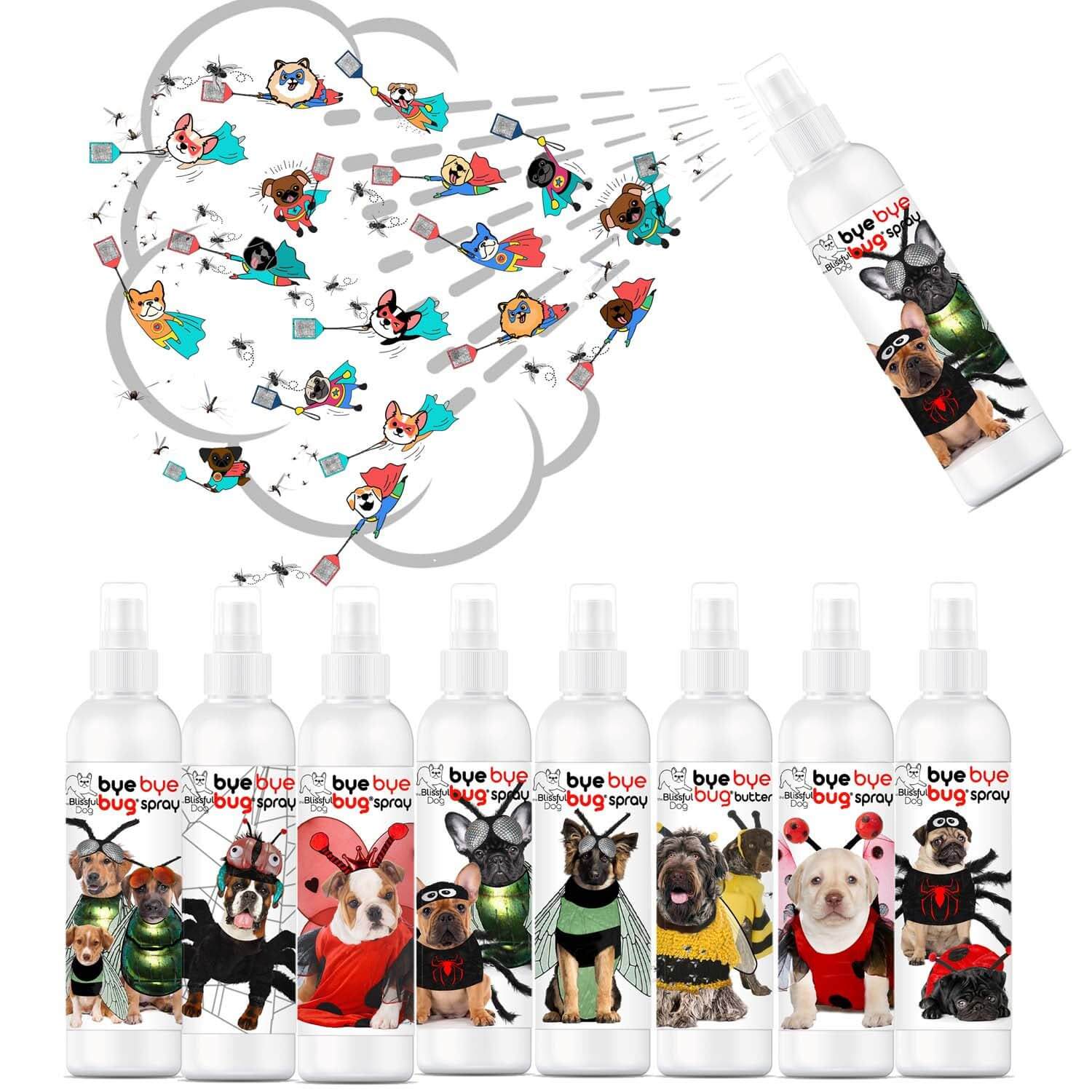 Bye Bye Bug Spray bottles with playful dogs and bug-repelling graphics to banish biting bugs.