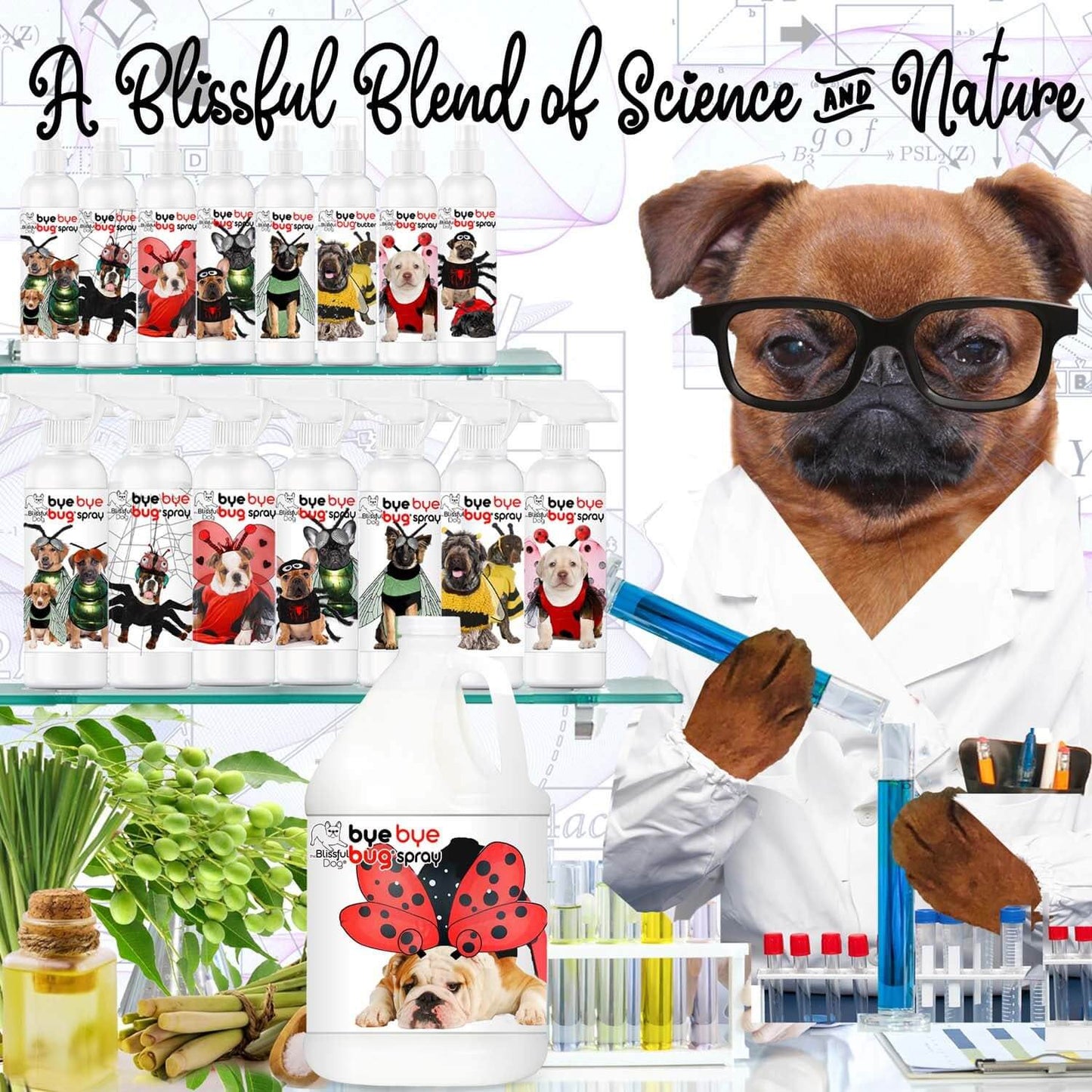 Bye Bye Bug Spray display with pets and a dog in lab coat, showcasing a blend of science and nature to banish bugs.