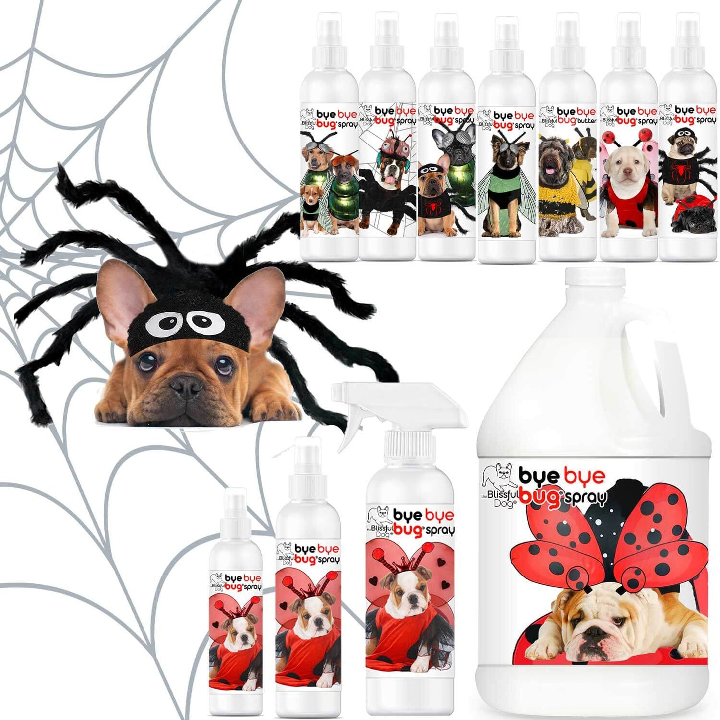 Bye Bye Bug Spray products displayed with dogs in costumes, promoting bug protection for pets.