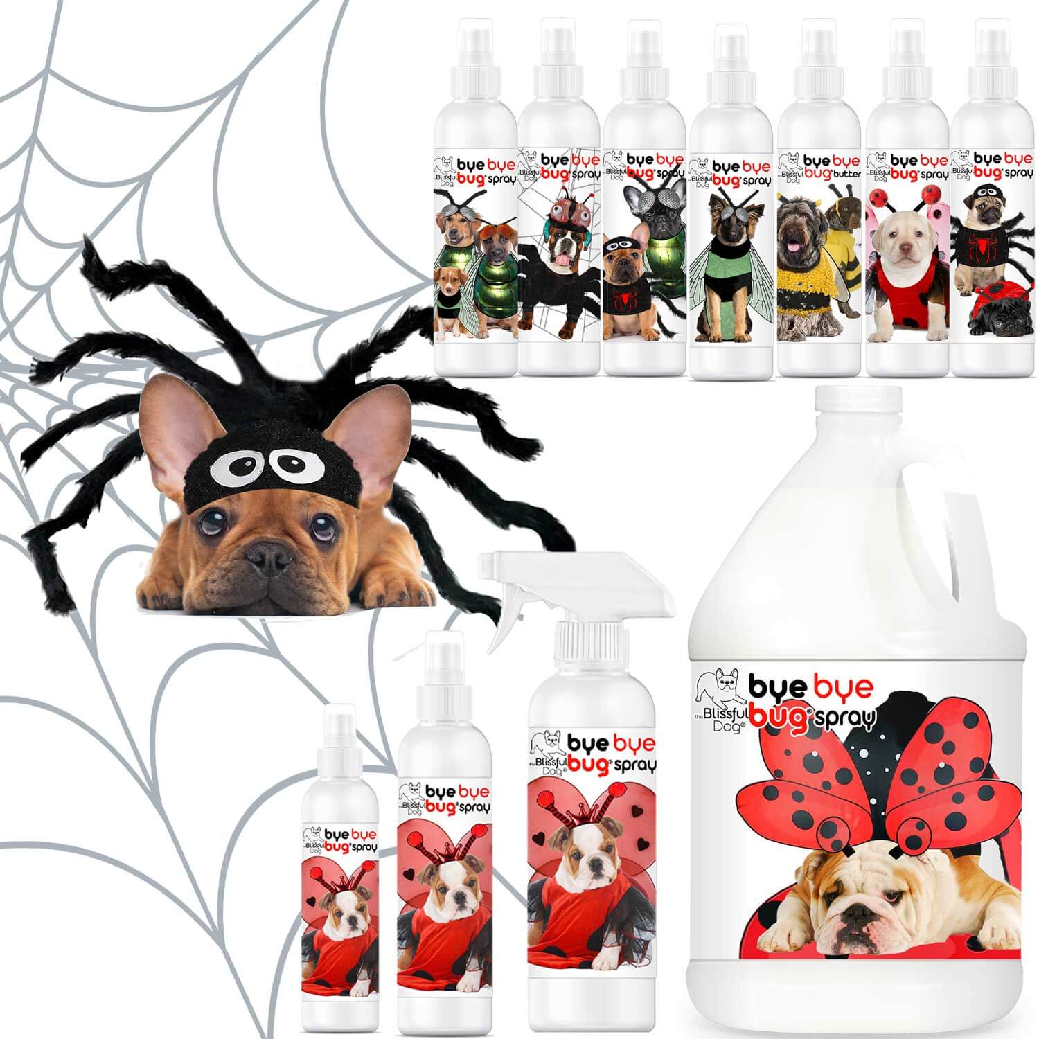 Bye Bye Bug Spray products displayed with dogs in costumes, promoting bug protection for pets.