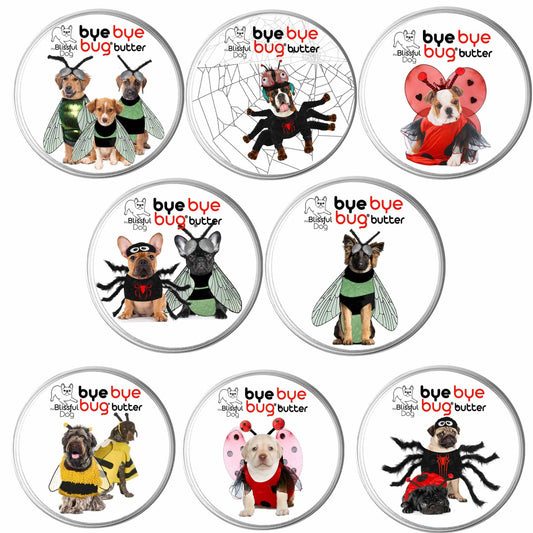 Bye Bye Bug Butter natural bug repellent for dogs, featuring various pet characters and a Labrador in a vet setting.
